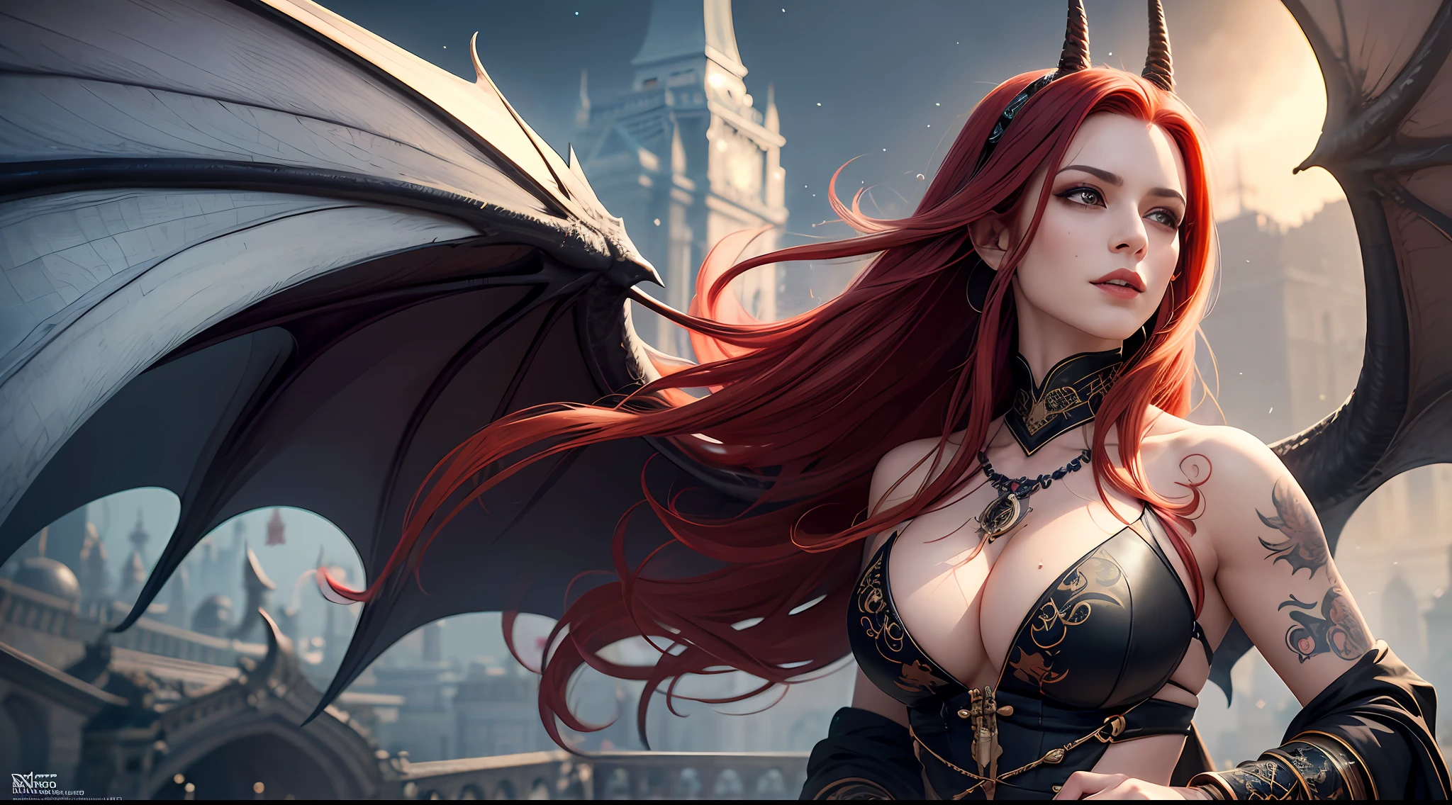 a matural female,redheadwear,Dragon's horn,Bat wings,Tattooed with,magia,Large breasts,magnificent robe,complex patterns,palaces,(skin indentation:1.5), realisticlying, realisticlying, (Masterpiece:1.5), concept-art, intricately details, highly detailed, realisticlying, rendering by octane, 8K, unreal-engine, dynamicposes, Best quality at best, A high resolution, (photorealiscic face:1.1), (Hyper-realistic:1.1), perfect eyes,(shiny skins:1.2), Radiant force, smog, magia, ((Dramatic)), Epic, battlefiled, depth of fields, Background bokeh, 4K, ashes, Particle,