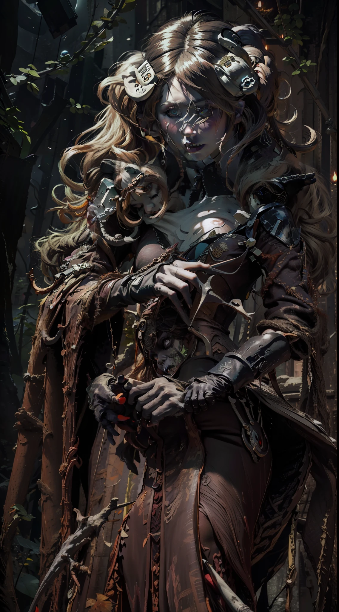 Fine matte painting, skeleton dark angel big wings haunted castle on drawing table full of knives, horror, spookiness, scary, secret horror, tentacles, vines, eyes, uncanny valley effect teeth, limbs, animals, blood moon