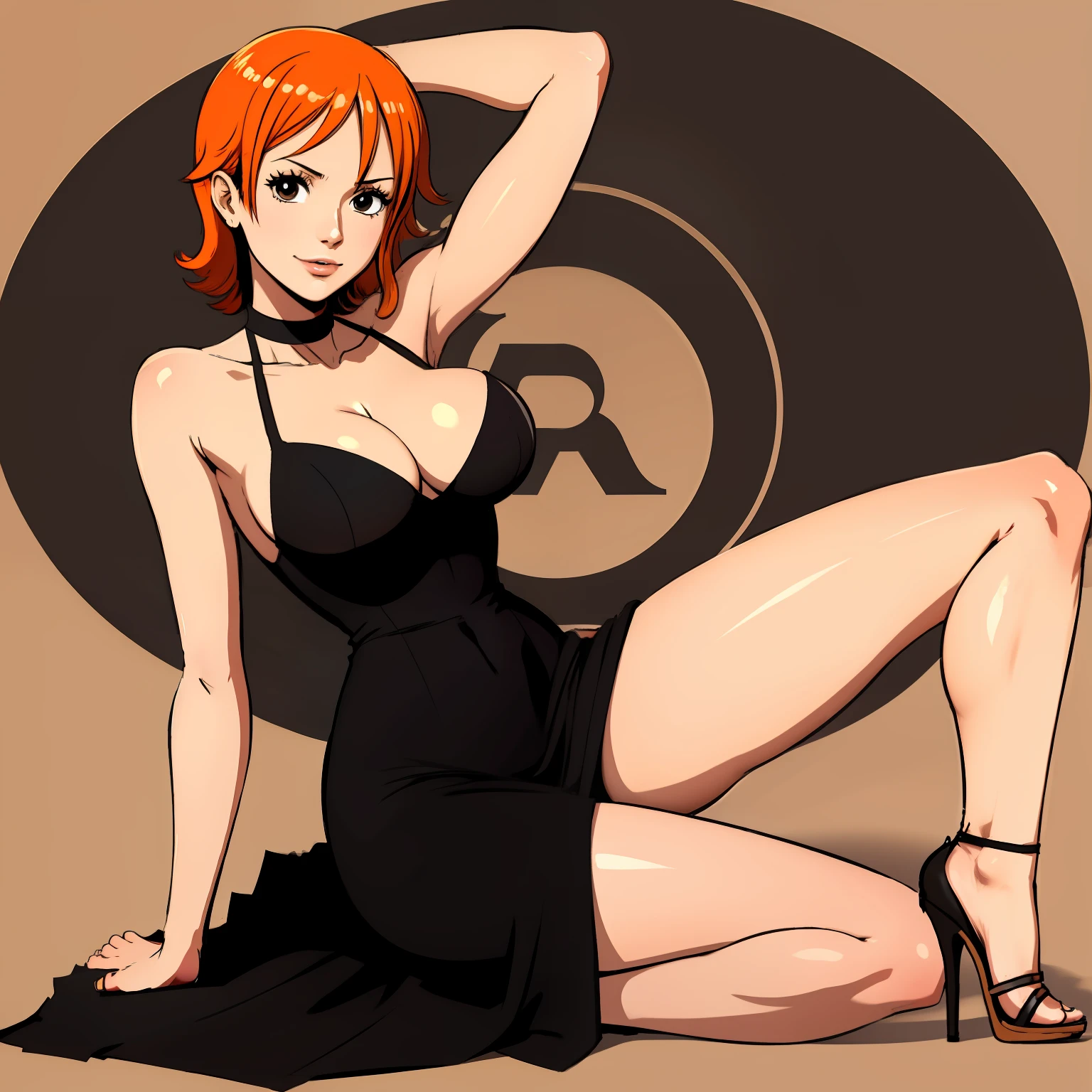 nami from one piece, short black dress, high heels