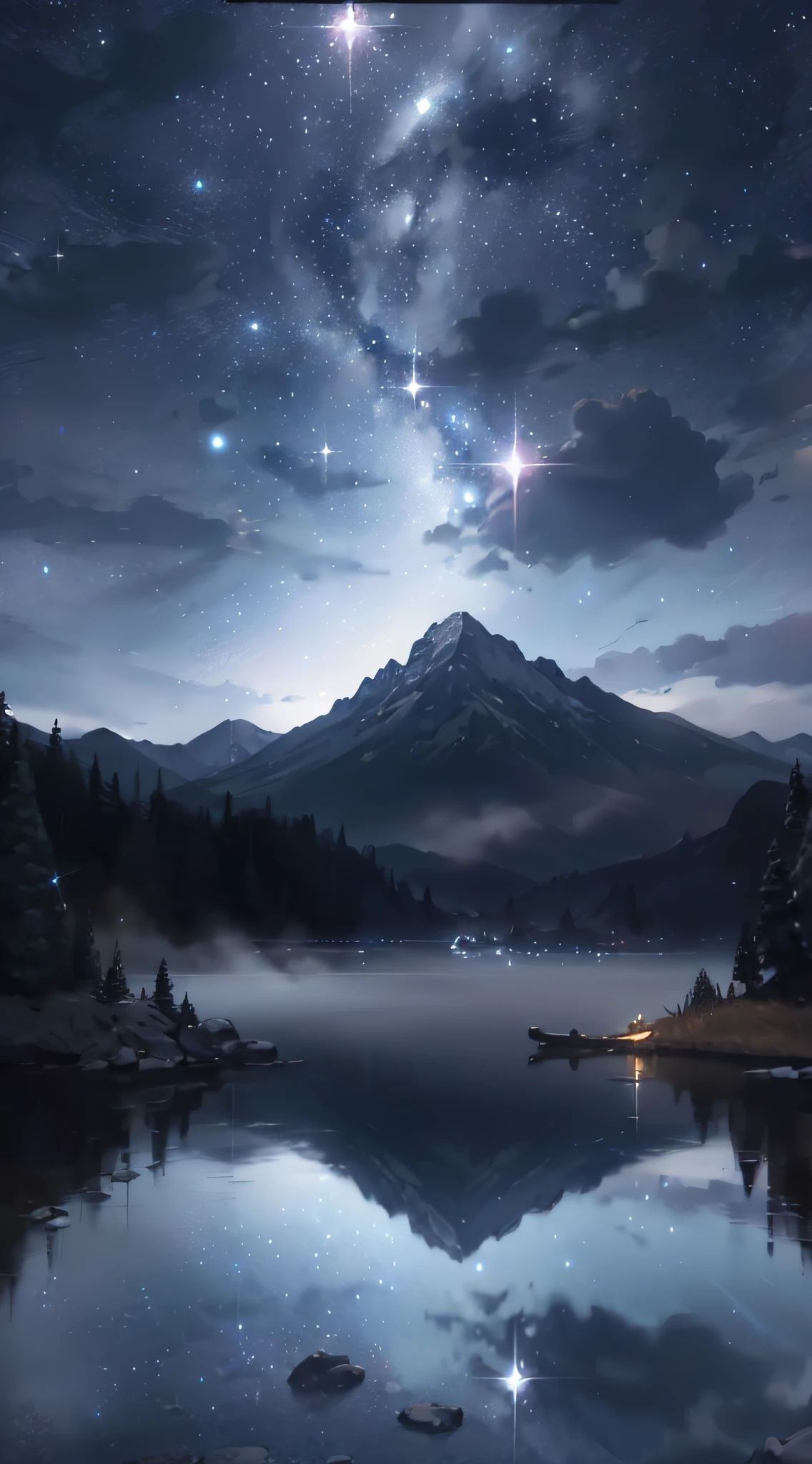 Starry Sky with Mountains and Lake, Jessica Rossier, Inspired by Jessica Rossier, Jessica Rossier Fantasy Art, Concept Art Magic Highlights, Official Artwork, Dream Painting, Ethereal Realm, Atmospheric artwork, dreamy matte paintings, serene endless stars inspired by Ted Nasmith, moonlit starry environments, epic music album covers.