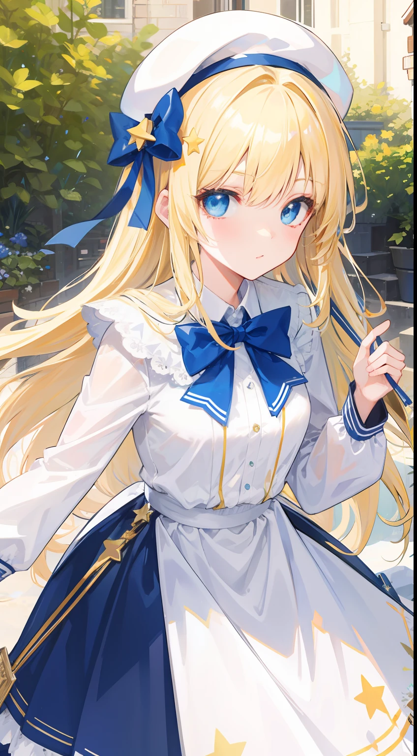 Long yellow hair,white dresses,eBlue eyes,star accessories,Blue bow tie,white beret(It has a blue bow on it,trpical garden