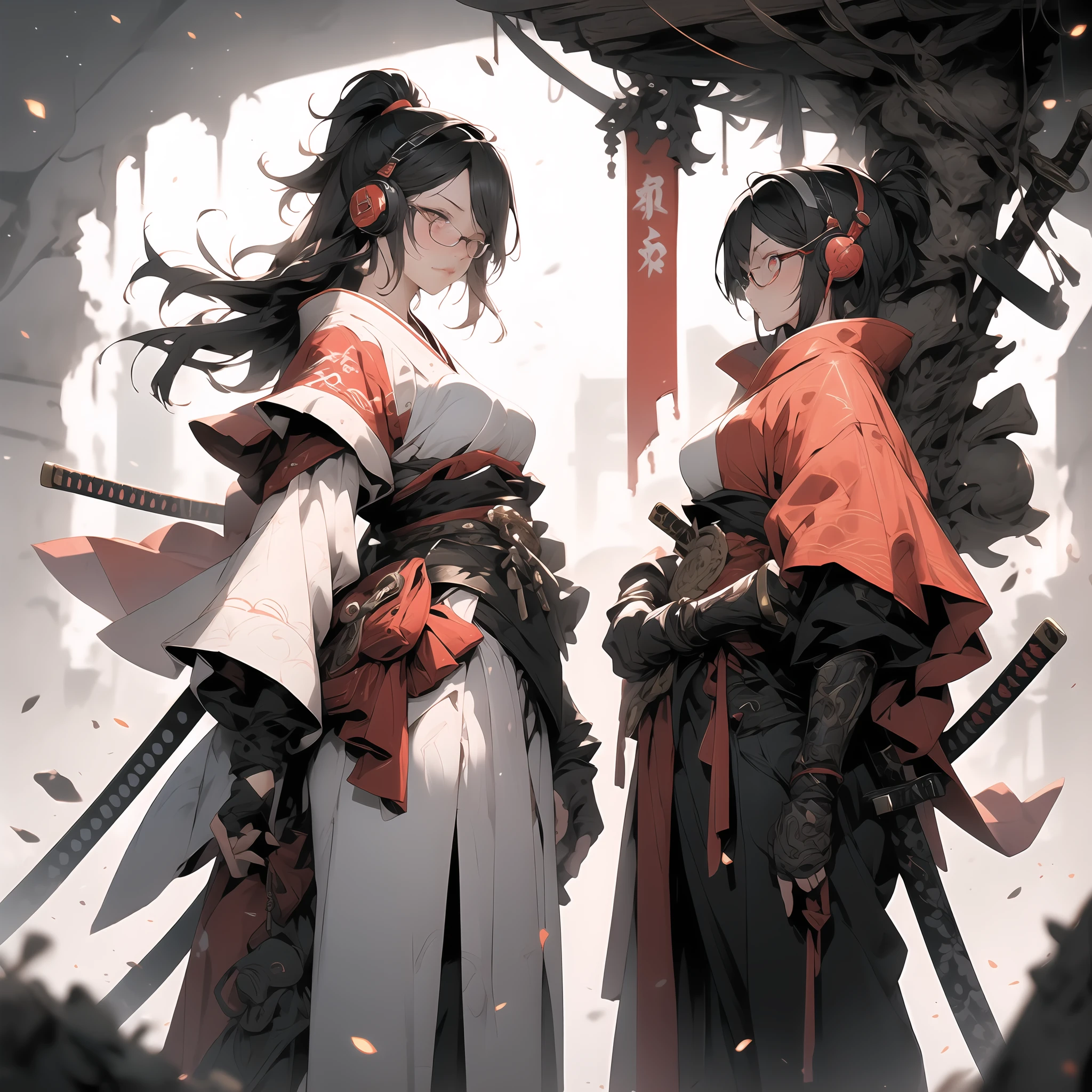 Imagine a young girl with black hair, short hair, and red eyes. She wears headphones and glasses while dressed in a combination of a traditional shrine maiden outfit and samurai armor, complete with a mini skirt. Despite her serious appearance and lack of expression, her red eyes gleam with mysterious power. Picture her standing amidst the ruins, accompanied by various mythical creatures. Now, tell a captivating story about her adventures in this intriguing world.