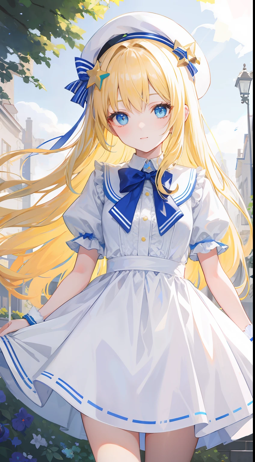 Long yellow hair,white dresses,eBlue eyes,star accessories,Blue bow tie,white beret(It has a blue bow on it,trpical garden