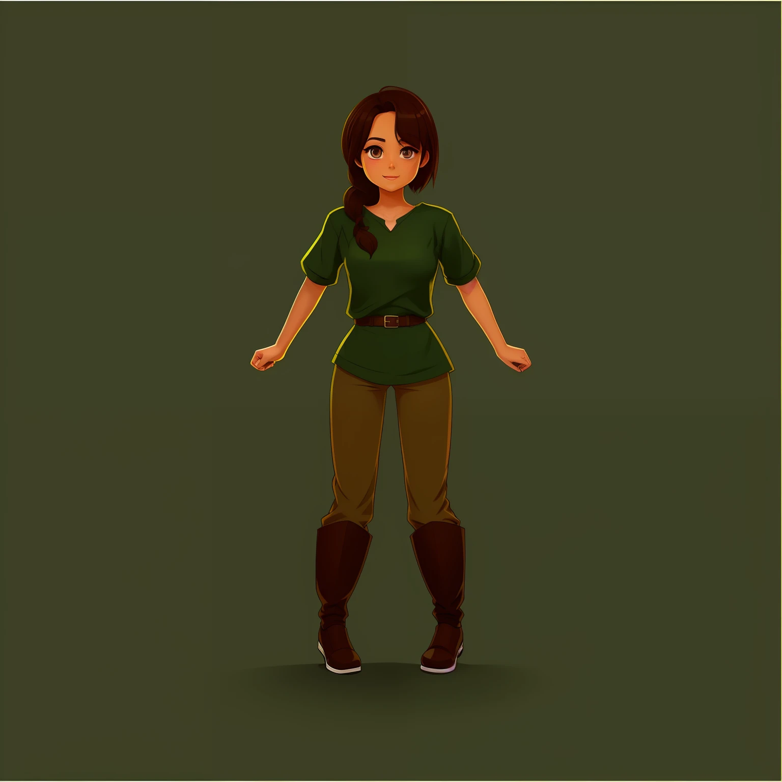 Arafed image of a woman in a green shirt and brown pants, Personagem Pixie, Personagem de corpo inteiro, caractere de comprimento total, Retrato de corpo inteiro do personagem, animation character, d & d estilo retrato de corpo inteiro, protagonista feminina, full body character concept, character is standing, retrato de personagem de corpo inteiro, character illustration, Design de personagem de corpo inteiro, single character full body