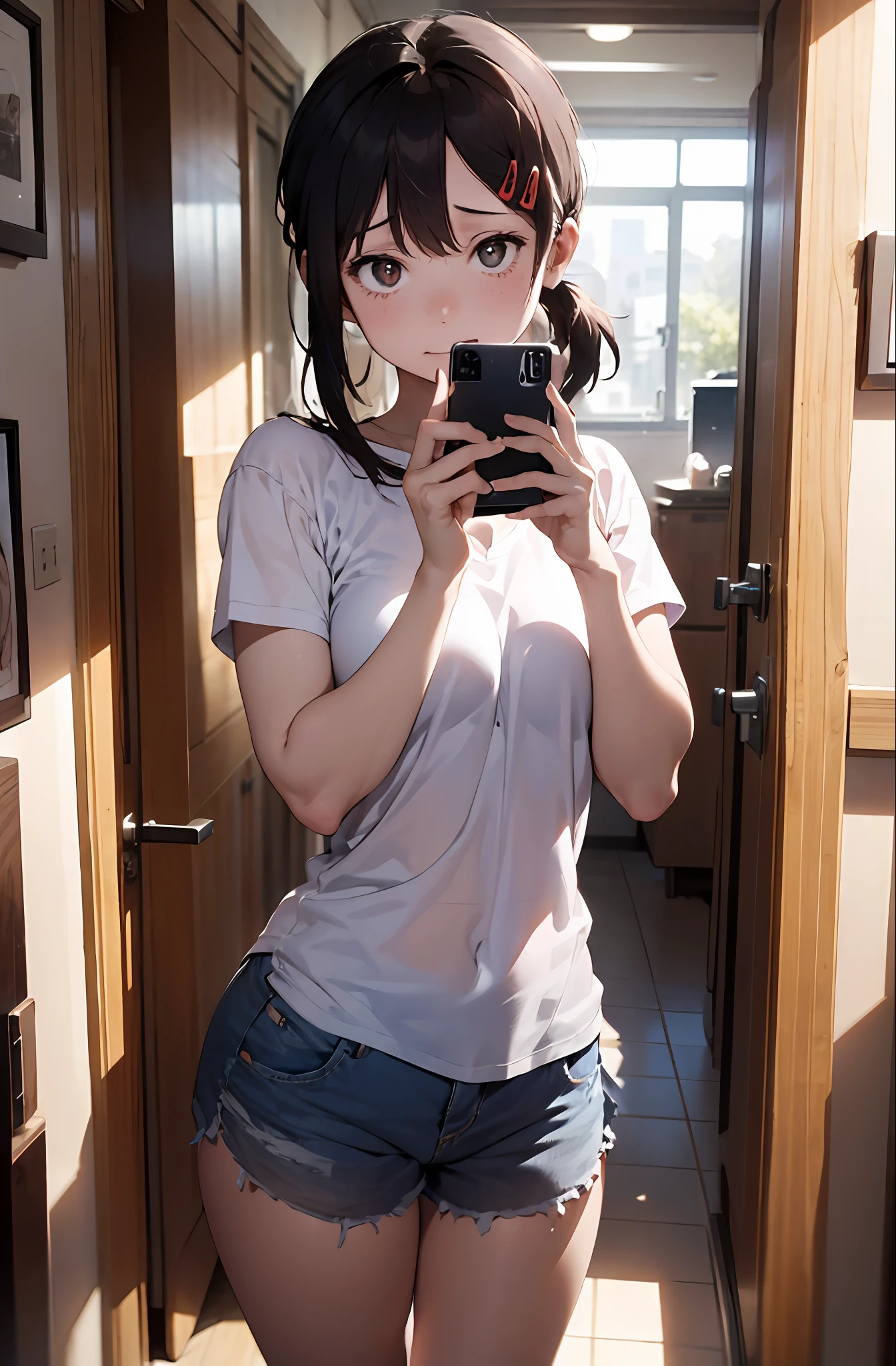 1girl, solamente, desde abajo, , Mirando hacia abajo, , ASS, ,Lora:PLUS_Detalles:1, Lora:PLUS_Detalles:1.5, chorro, Foto cruda de la mujer (selfspread) (Tomarse una selfie en un espejo):1.3