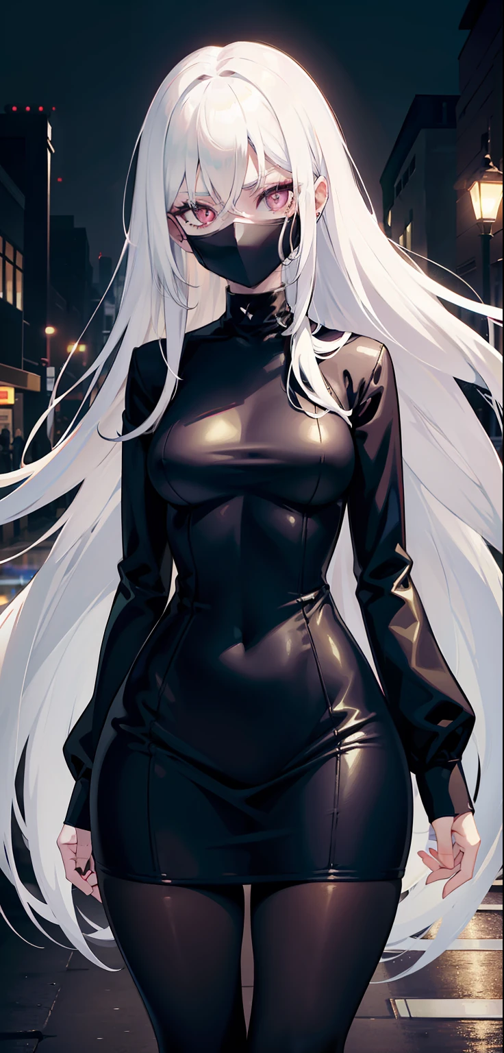 woman, pale skin, dark eyes, ear, eyebrow, mouth mask, long straight white hair, short black skin-tight long sleeve dress, slim waist, thick legs, thick thighs, backdrop, ultra-detailed street, night light, at night , night Day