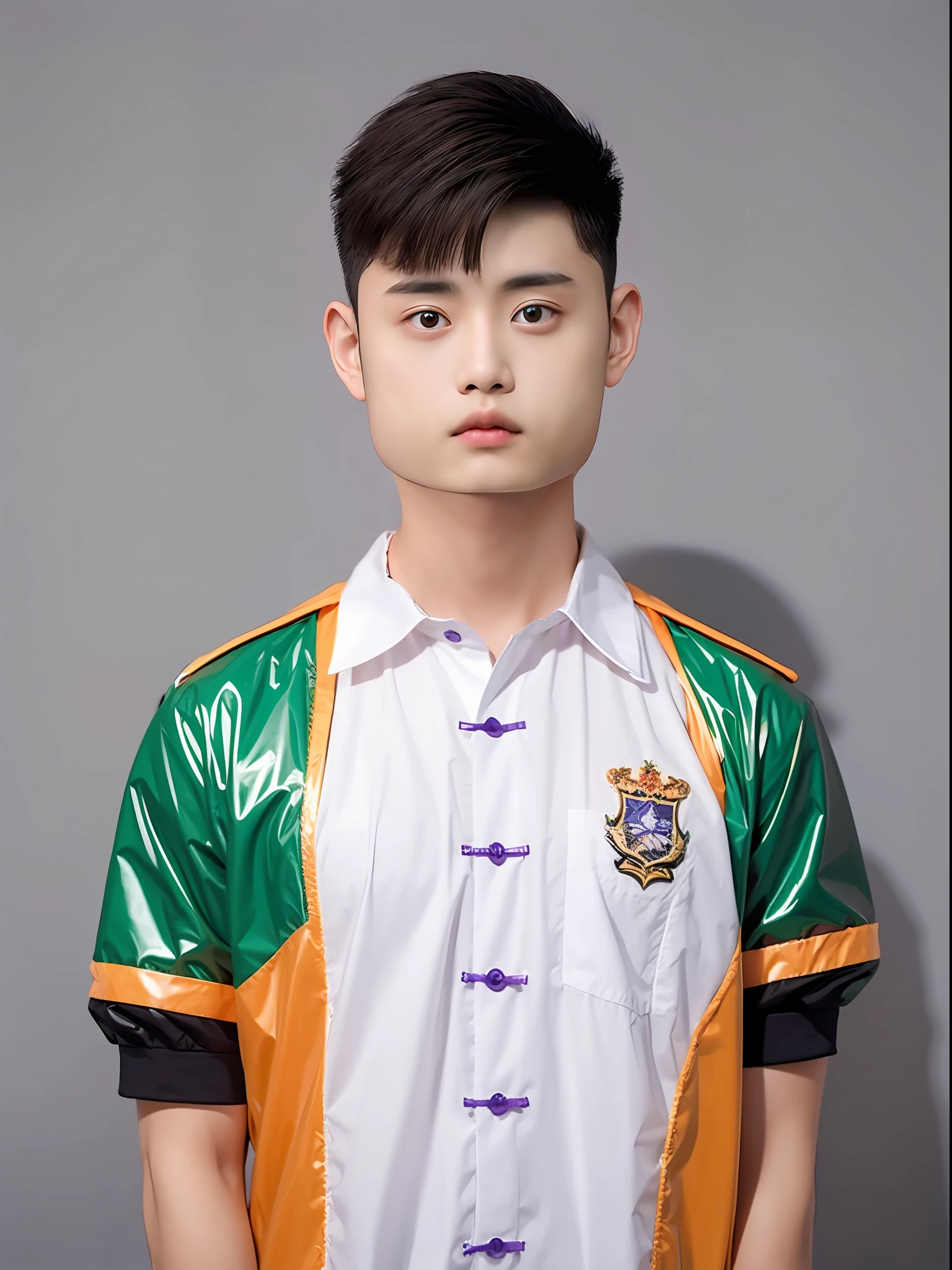 Chinese male high school student，Wear green.Purple and orange PVC short-sleeved school uniform，There are buttons