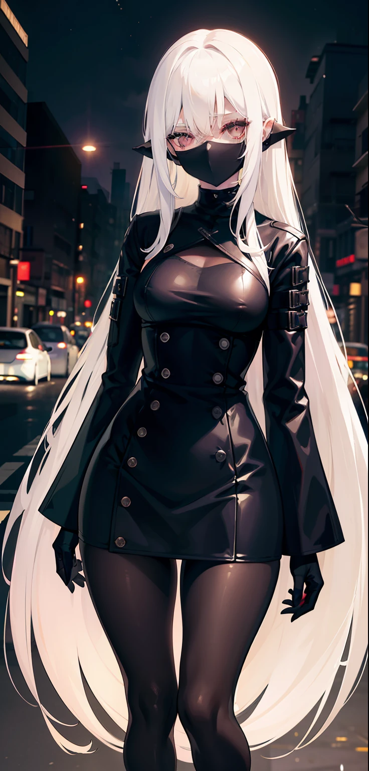 woman, pale skin, dark eyes, ear, eyebrow, mouth mask, long straight white hair, short black skin-tight long sleeve dress, slim waist, thick legs, thick thighs, backdrop, ultra-detailed street, night light, at night , night Day