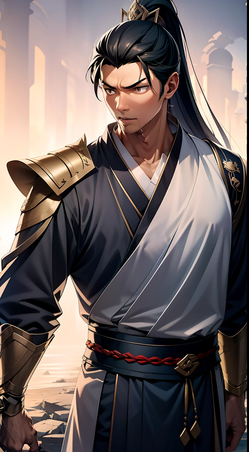 quadratic element，style of anime，mtu（Male Warrior），The proportions are correct，Face details，swordsmen，High ponytail hairstyle，Neck details，There is an Adam's apple，Black Hanfu，kaftan，Embroidered robes，Black robe，clothes details，Handing over，longer sleeves，Game quality，Swordsmanship，Light and shadow tracking，Ray traching，detailed glow，cg render，hair detail，long  white hair，Black eyes，Handsome，Handsome，（juvenile sense），Clothing is complicated，Perfectcomposition，Refinement，high qulity，higher details，Lots of details，The background is complex，a sense of atmosphere，