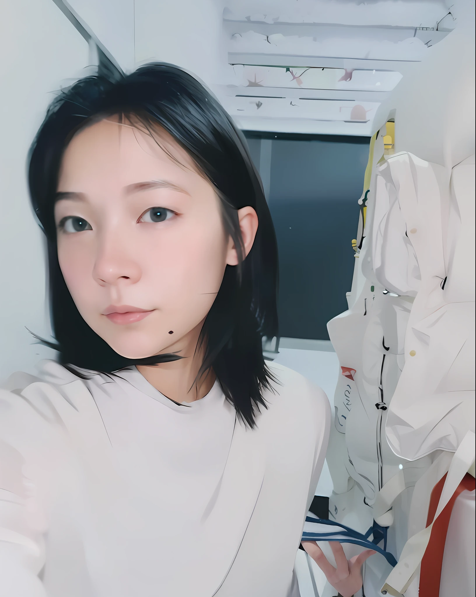 There was a woman taking a selfie wearing a white shirt, 8k selfie photograph, with short hair, young cute wan asian face, young lovely Korean faces, selfie of a young woman, Choi Hyun-hwa, She is facing the camera, wenfei ye, nomake-up, white hime cut hairstyle, with round face, Korean symmetrical face,Snow on your head,There was drifting snow,