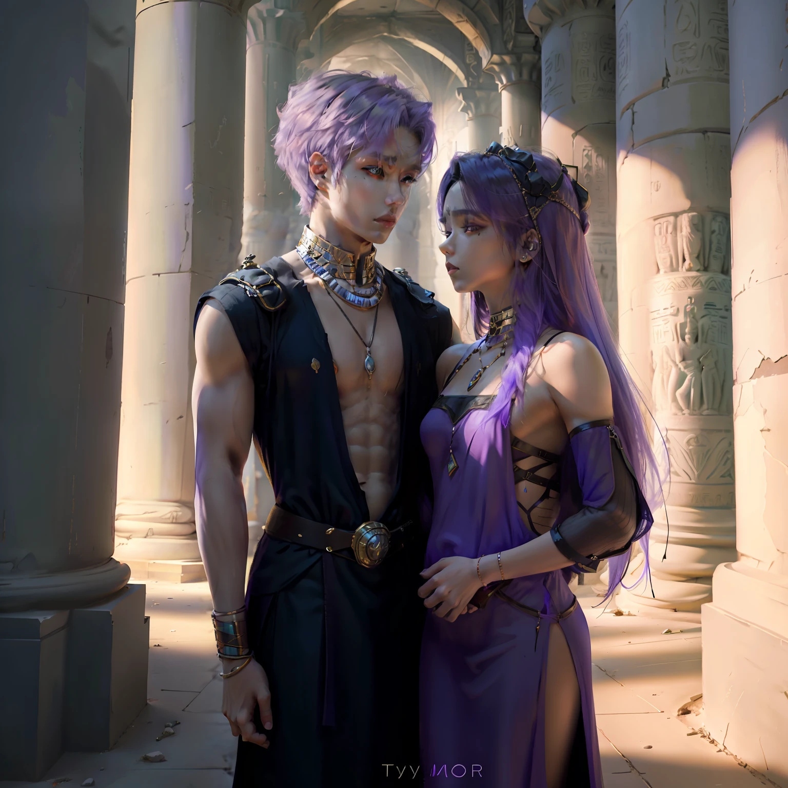 A group of violet-haired -yeld maand female brothers are in ancient Egypt in the background Egyptian monuments pose wing camera in formation