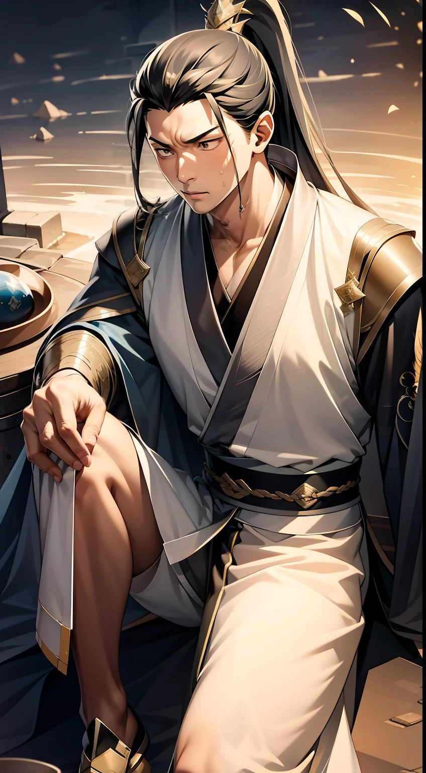 quadratic element,style of anime,mtu(Male Warrior),The proportions are correct,Face details,swordsmen,High ponytail hairstyle,Neck details,There is an Adam's apple,Black Hanfu,kaftan,Embroidered robes,Black robe,clothes details,Handing over,longer sleeves,Game quality,Swordsmanship,Light and shadow tracking,Ray traching,detailed glow,cg render,hair detail,long white hair,Black eyes,Handsome,Handsome,(juvenile sense),Clothing is complicated,Perfectcomposition,Refinement,high qulity,higher details,Lots of details,The background is complex,a sense of atmosphere,