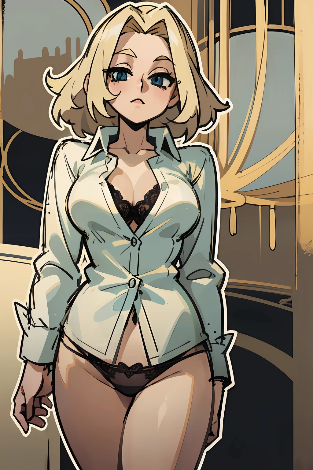 Mature woman, light blue eyes, blonde hair, forehead, (Wavy Hair:0.5), white  shirt, ((Unbuttoned shirt)), black panties, lace panty, ((thick outlines)), ((white outlines)), (Sketch)