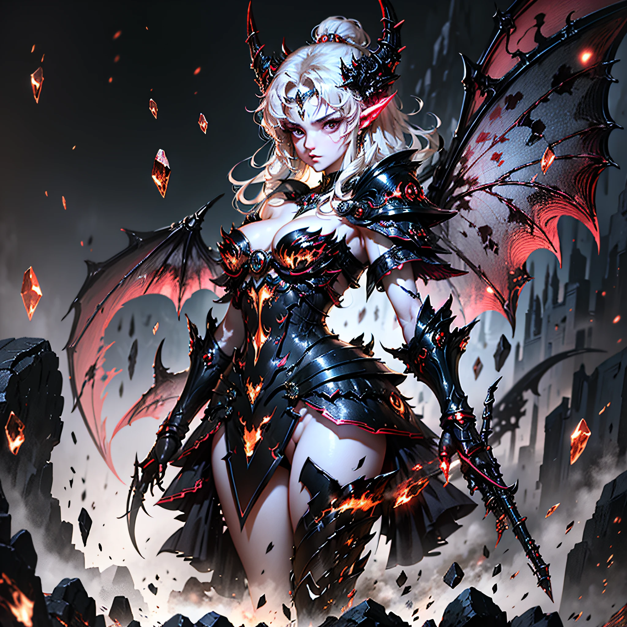 8k, ultra hd, 3d, fantasy, total dark eyes, demon character, female character, grimes neofantasy anime gene CRISPR, small wings, ethereal, elegant armor, oil dark bubbles, black red evil dragons in background, dark black crown, caos scenary , full body, large breast, cleavage, small glowing fairies flying in the foreground