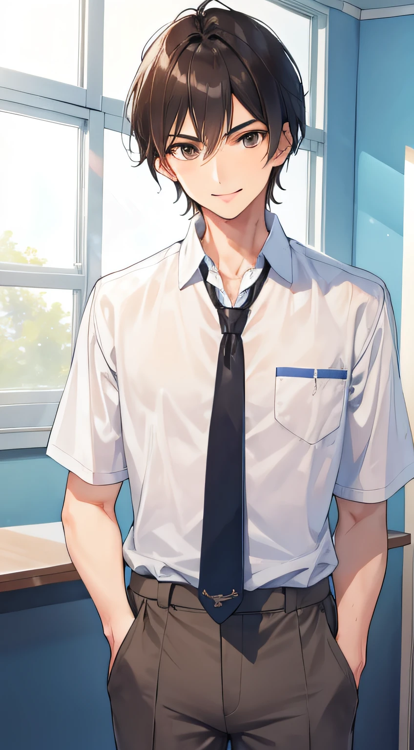 Boy, Acelic Body, There was a guy in a high school uniform,with black hair and light brown eyes,, in class room, Bulge, Smile, Male Focus,Unpatterned tie、is standing