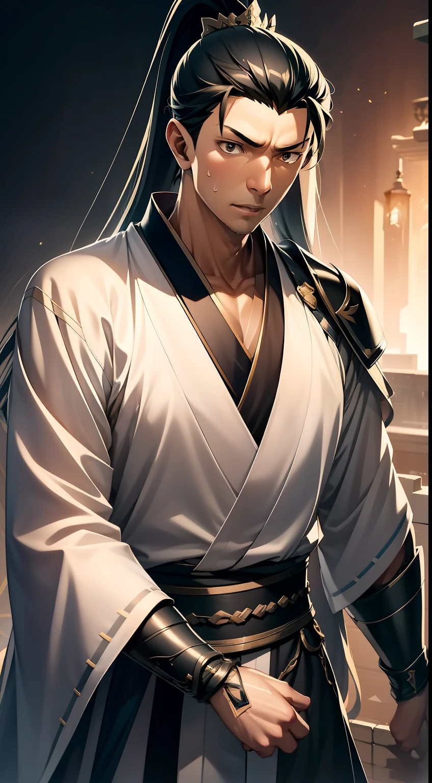 quadratic element,style of anime,mtu(Male Warrior),The proportions are correct,Face details,swordsmen,High ponytail hairstyle,Neck details,There is an Adam's apple,Black Hanfu,kaftan,Embroidered robes,Black robe,clothes details,Handing over,longer sleeves,Game quality,Swordsmanship,Light and shadow tracking,Ray traching,detailed glow,cg render,hair detail,long white hair,Black eyes,Handsome,Handsome,(juvenile sense),Clothing is complicated,Perfectcomposition,Refinement,high qulity,higher details,Lots of details,The background is complex,a sense of atmosphere,
