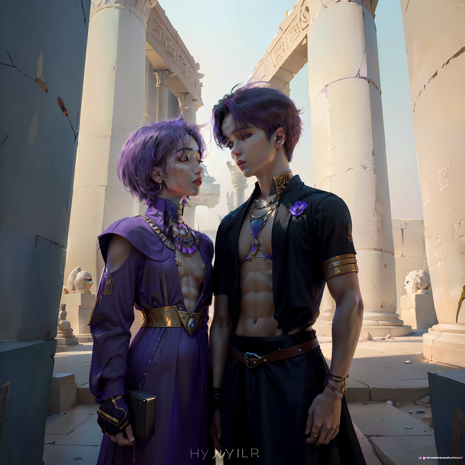 A group of violet-haired 15-year-old male and female brothers are in ancient Egypt in the background Egyptian monuments pose wing camera in formation