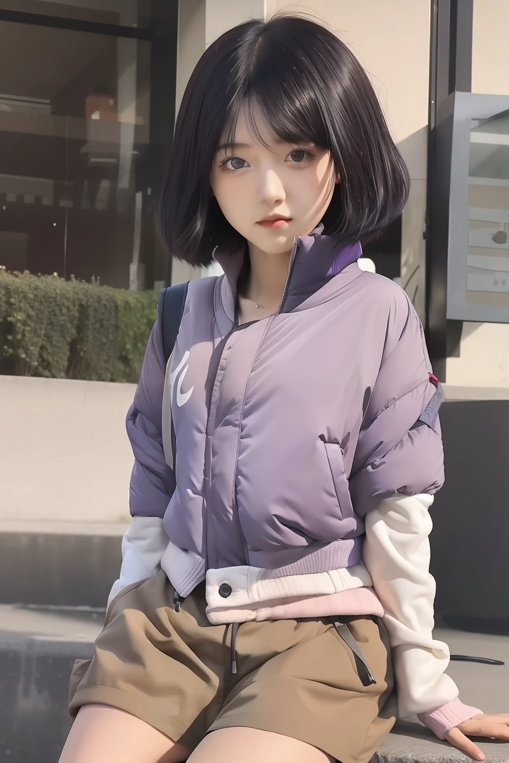 1girl, hinata hyuga, purple jacket, short hair, black hair, relastic, ultra detail.