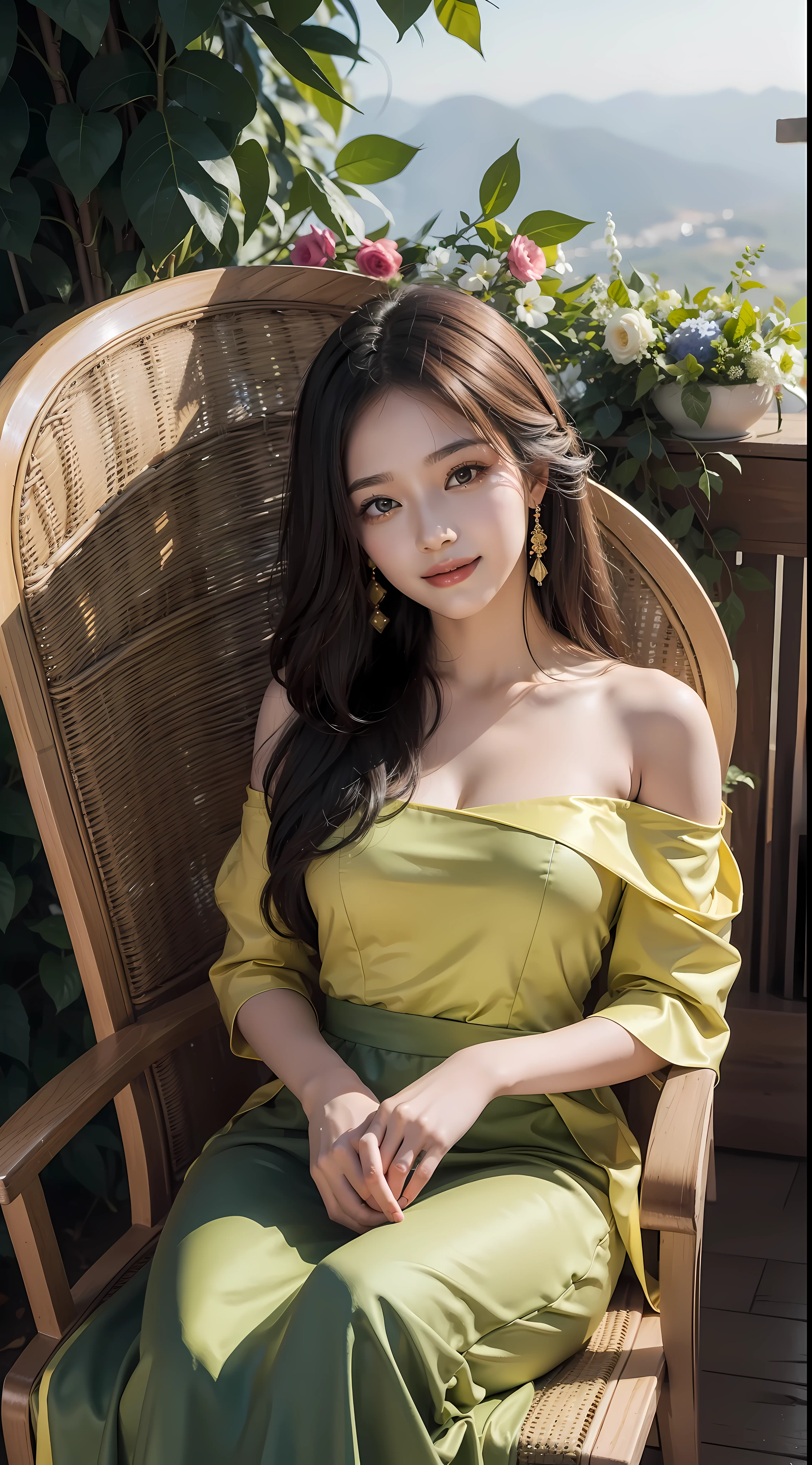 A woman in a yellow dress sits on a red chair,Her face smiled,Beautiful and moving。Her long hair was lightly draped over her shoulders,Fluttering slightly,She seemed to be enjoying a peaceful time,The atmosphere around is full of warmth and tranquility,The red chairs add a touch of vibrancy and vivid colors to the picture,This contrasts with the yellow dress she wears。,Catchy eyes,The overall picture exudes a relaxed and pleasant atmosphere,It's heart-warming。