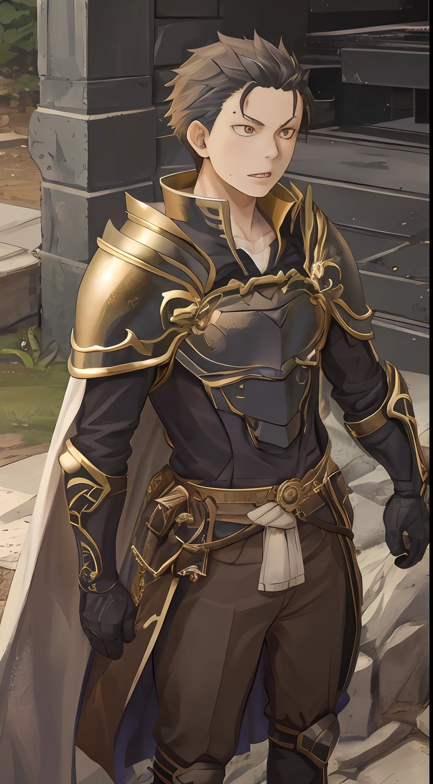 (1 Adult male),A high resolution, Sharp focus, Pixiv masterpiece, ((Complicated details)), highly detailed, natsuki_subaru, 1 man, with her mouth open,drools,full bodyesbian, Golden eyes(eyes glowing), with short golden hair,Armour,cloaks,Shoulder armor,perspire,look from down