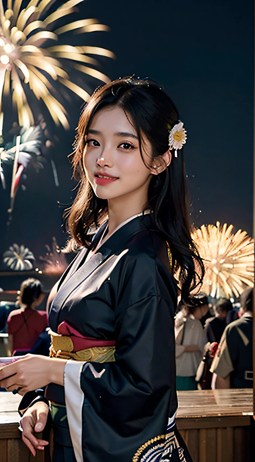 best qualtiy、masterpiece、photoRealstic、intricate-detail、Raw foto、Photon Rendering、Octane Rendering、absurderes、ultra-detailliert、A detailed face、Detailed skin、Trending in art stations、8K Masterpiece、lighting like a movie、( (1girl in))、((独奏) ))、CG Social Trends、Plastic En、((Black Long Hair))、((Beautuful Women))、(A smile)、Upper teeth、Fashionable、Hair that flutters in the wind、((Flowing hair))、fashion magazine、((A sexy))、((lighting like a movie)、((indirect lighting)、、(ssex)、Grinning、(View from a distance)、((Festival of Japan))、Kimono、((Fireworks Festival))、
