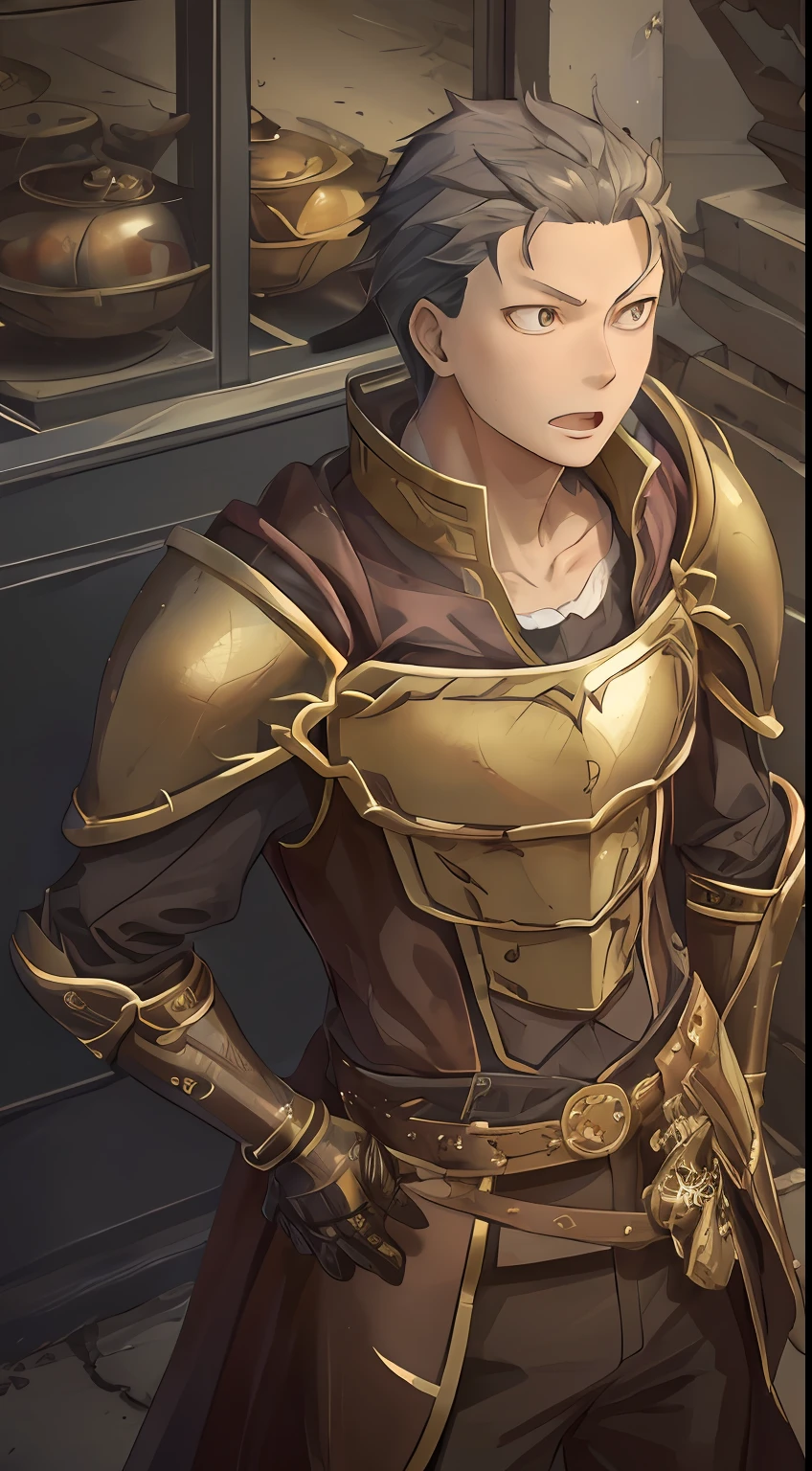 （1 Adult male），A high resolution， Sharp focus， Pixiv masterpiece， （（Complicated details））， highly  detailed， natsuki_subaru， 1 man， with her mouth open，drools，full bodyesbian， Golden eyes（eyes glowing）， with short golden hair，Armour，cloaks，Shoulder armor，perspire，look from down