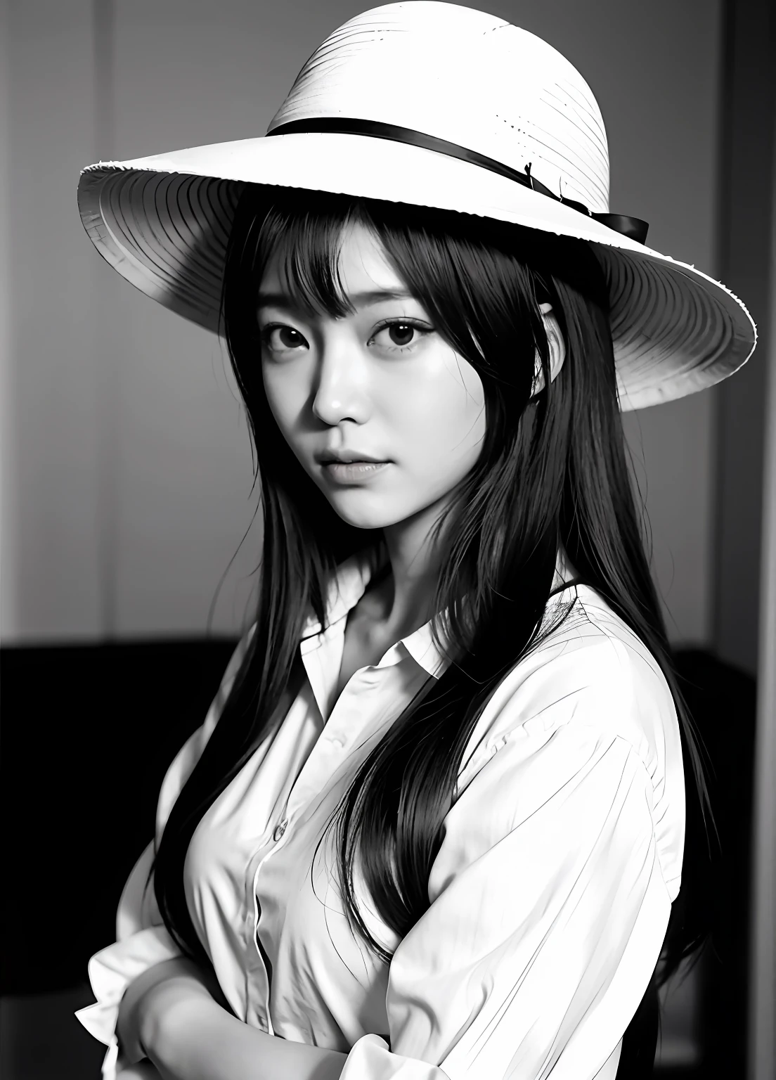 Black-and-white photo of a woman in a hat, etsuko miura, jiyun chae, kazue kato, Kiyoko Suzuki, akiko takase, maya takamura, tsugumi ohba, Shouko Nishimiya, sachiko miyazaki, akimino kamijyo, itsuko azuma