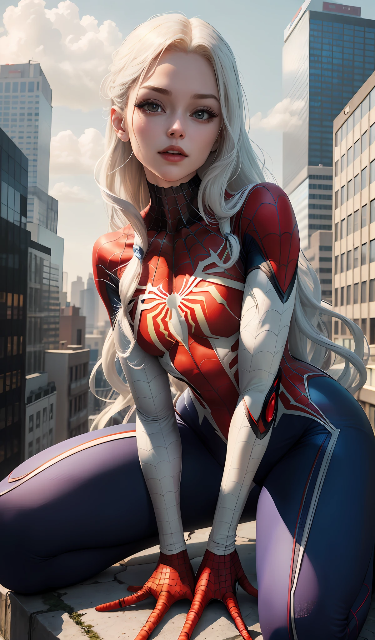 4k, realistic, carismatic, very detail, there is a girl on top city, wearing spiderman costum, she is a spiderman, white super hero theme, white long hair, 25 years old, full body