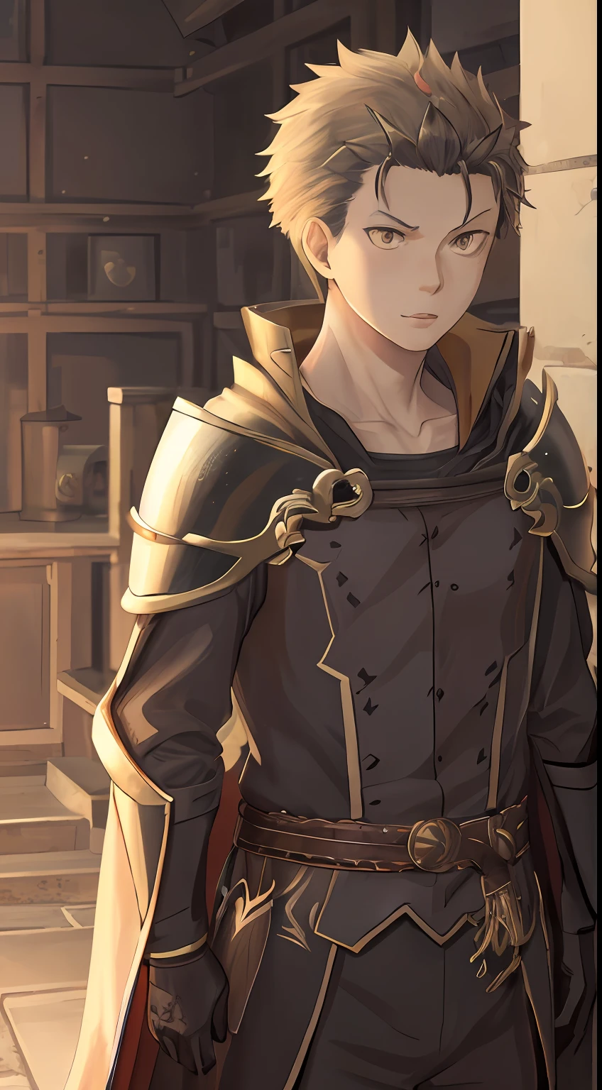 (1 Adult male),A high resolution, Sharp focus, Pixiv masterpiece, ((Complicated details)), highly detailed, natsuki_subaru, 1 man, with her mouth open,drools,full bodyesbian, Golden eyes(eyes glowing), with short golden hair,Armour,cloaks,Shoulder armor,perspire,look from down