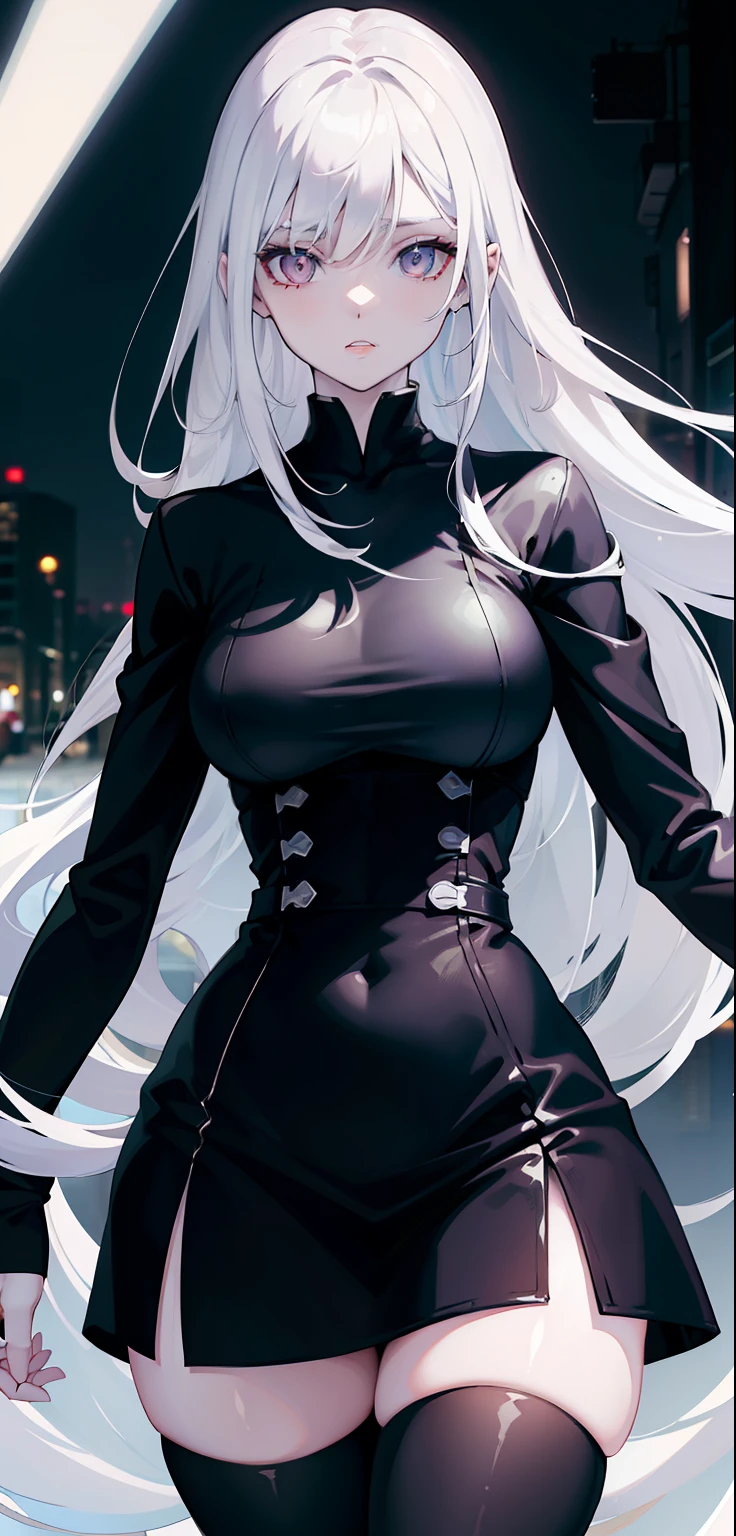 woman, pale skin, dark eyes, ear, eyebrow, lips, teeth showing, long straight white hair, short black skin-tight long sleeved dress, thin waist, thick legs, thick thighs, backdrop, ultra detailed street, night light, de night night day
