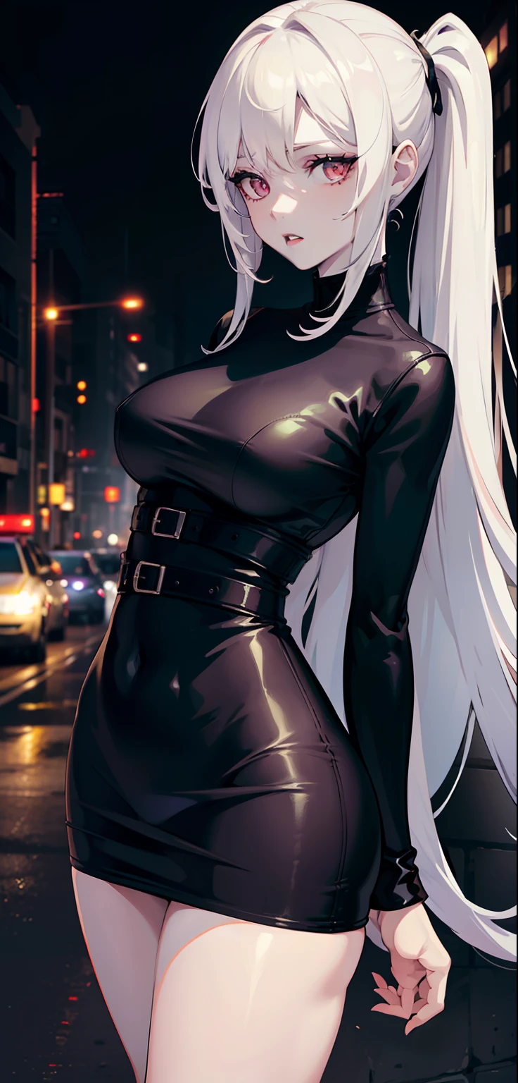 woman, pale skin, dark eyes, ear, eyebrow, lips, teeth showing, long straight white hair, short black skin-tight long sleeved dress, thin waist, thick legs, thick thighs, backdrop, ultra detailed street, night light, de night night day