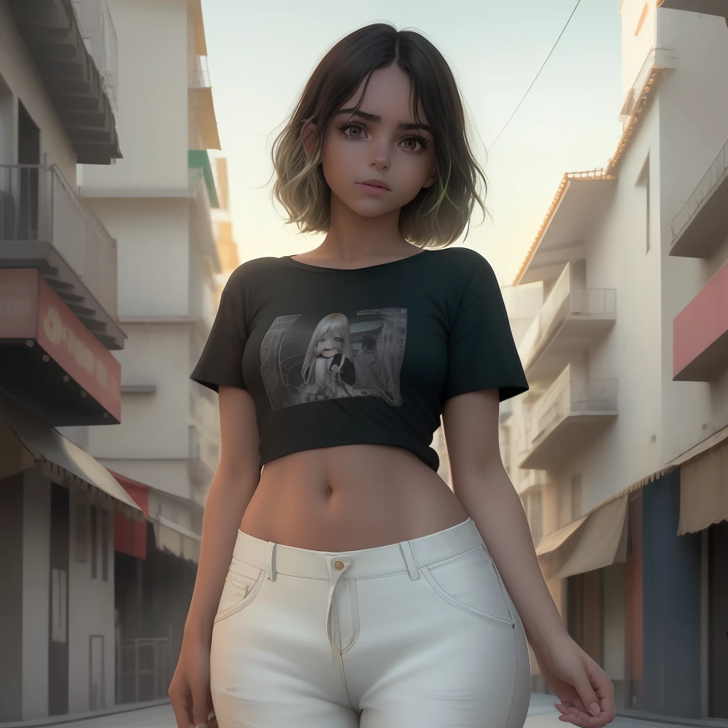 obra maestra, mejor calidad, nsfw, 1girl, cabello rubio platino, cabello corto, ojos verdes, trenzas, small cheerful breasts, en la calle, noche, neon light, camiseta blanca, sin sujetador, pantalones negros, Poker face, vista transera, de pie, en multitud, vista de su trasero grande y redondo, ano visible , cuerpo aceitado y brillante