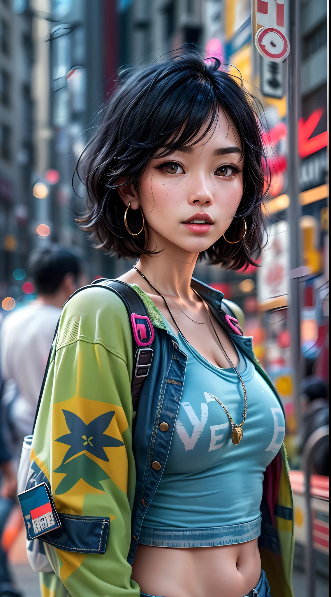 masterpiece, high resolution, street snap:1.3), young Asian woman, (Tokyo fashionista:1.2), strolling through the vibrant streets of Tokyo. Her (effortlessly chic style:1.2) exudes a unique blend of traditional and modern influences. She wears a (stylish oversized denim jacket:1.2) adorned with patches and embroidery, paired with (trendy high-waisted wide-leg pants:1.1). Her (colorful socks:1.1) peek out from her (trendy chunky sneakers:1.2), adding a playful touch to her ensemble. Her (raven-black hair:1.2) is neatly styled in a (fashionable bob:1.1), framing her (radiant face:1.2). Her (expressive almond-shaped eyes:1.2) are highlighted with a touch of (subtle pastel eyeshadow:1.1) that brings out their natural beauty. Completing her look, she carries a (quirky mini backpack:1.1) and dons (edgy statement accessories:1.2) like (oversized hoop earrings:1.1) and (stacked bracelets:1.1). In the background, the hustle and bustle of Tokyo's cityscape (adds energy:1.2) to the photo, with colorful (neon signs:1.1) and (street art:1.1) contributing to the urban vibe. (Camera model and lens choice can be adjusted based on the specific image: Sony Alpha a7 III:1.2, Sony FE 35mm f/1.8:1.2), Cinematic, Hyper-detailed, insane details, Beautifully color graded, Unreal Engine, DOF, Super-Resolution, Megapixel, Cinematic Lightning, Anti-Aliasing, FKAA, TXAA, RTX, SSAO, Post Processing, Post Production, Tone Mapping, CGI, VFX, SFX, Insanely detailed and intricate, Hyper maximalist, Hyper realistic, Volumetric, Photorealistic, ultra photoreal, ultra-detailed, intricate details, 8K, Super detailed, Full color, Volumetric lightning, HDR, Realistic, Unreal Engine, 16K, Sharp focus, octane render --v testp