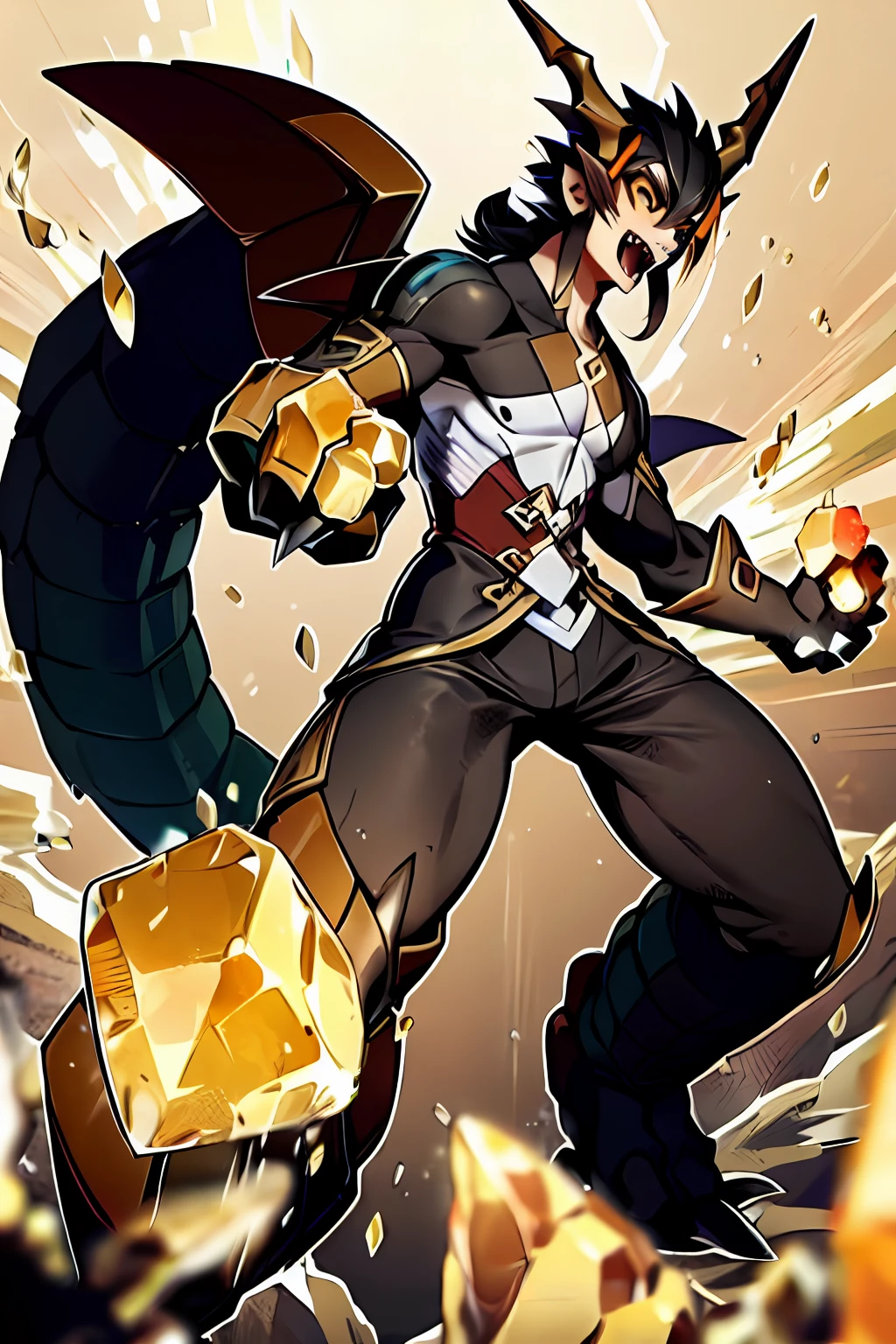 masterpiece, best quality, male focus, jewelry, long hair, 1boy, solo, earrings, bangs, gloves, ponytail, (( Over size Claws)), multicolored hair, brown hair, hair between eyes, yellow eyes,gradient hair, suit, black hair, digimon \(creature\), ((orange eastern Dragon horn and brown Tail), ((orange Crystals on body)), ((Orange, Black and brown Colour schemes)), (Zhongli as a Digimon), ((mid transformation sequence)), ((Sharp Fangs, Draconic ))