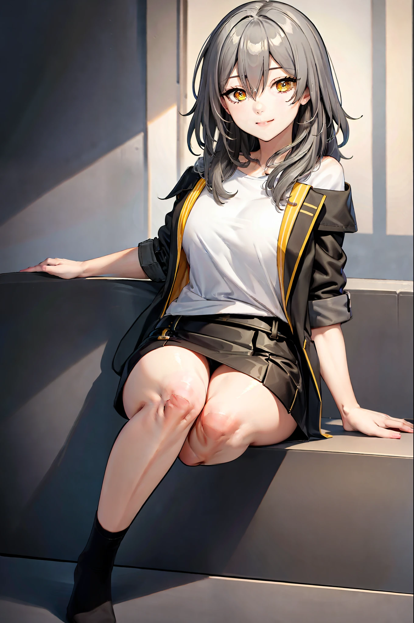 masterpiece, high quality, absurdres, 1girl, grey hair, yellow eyes, looking at viewer, ((solo)), sitting, happy, school,