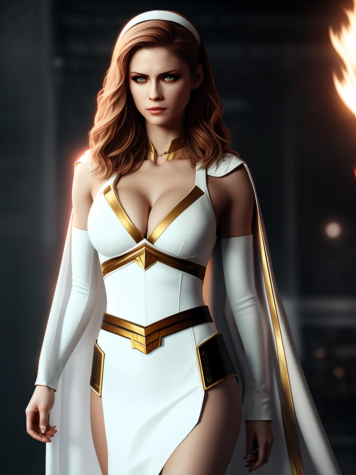 epic realistic, a woman looks angrily with glowing white eyes, cinematic, complex background, 4k textures, waist height, large , skimpy, cleavag