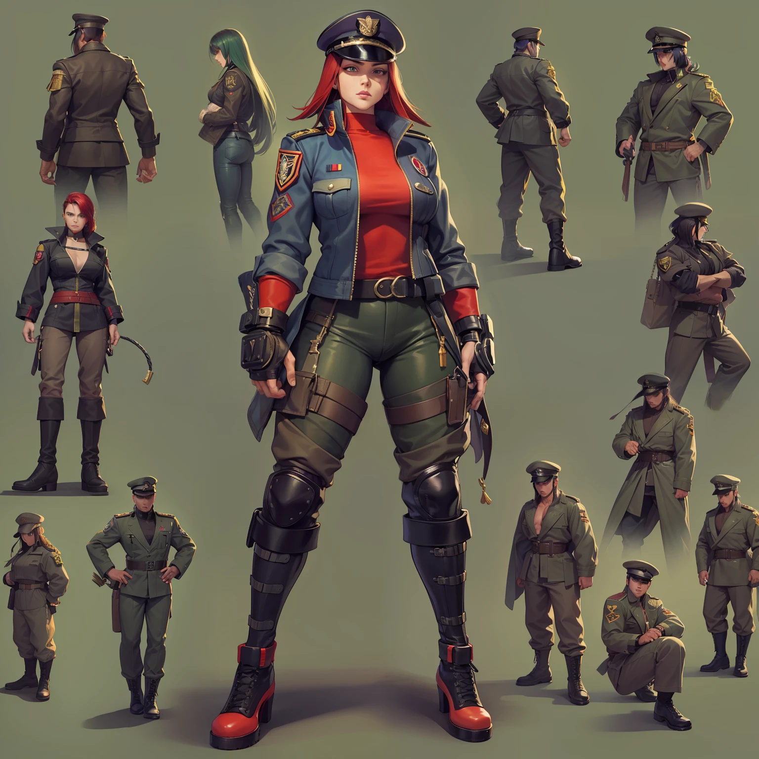 militar style, 1 Personagem para jogo de luta estilo Street Fighter, King of Fighters, Tekken, Virtua Fighter. 1Lutadora mulher, 1 personagem, pose de luta, mostrando o corpo todo, garota loura, German, German ethnicity, cabelos loiros, corte militar, mulher com corte de cabelo masculino, cabelo masculino, cabelos amarelos, retinas vermelhas, olhos vermelhos, cyberpunk, wearing a cap on his head, cicatriz no rosto, rosto com cicatriz, Major Aramis, Bt'x, garota lutadora, luvas de couro, vestes militares fechadas, vestes militares unissex, M. Bison, serious face, menacing face, uniforme militar, terno longo, uniforme preto, tons de preto.