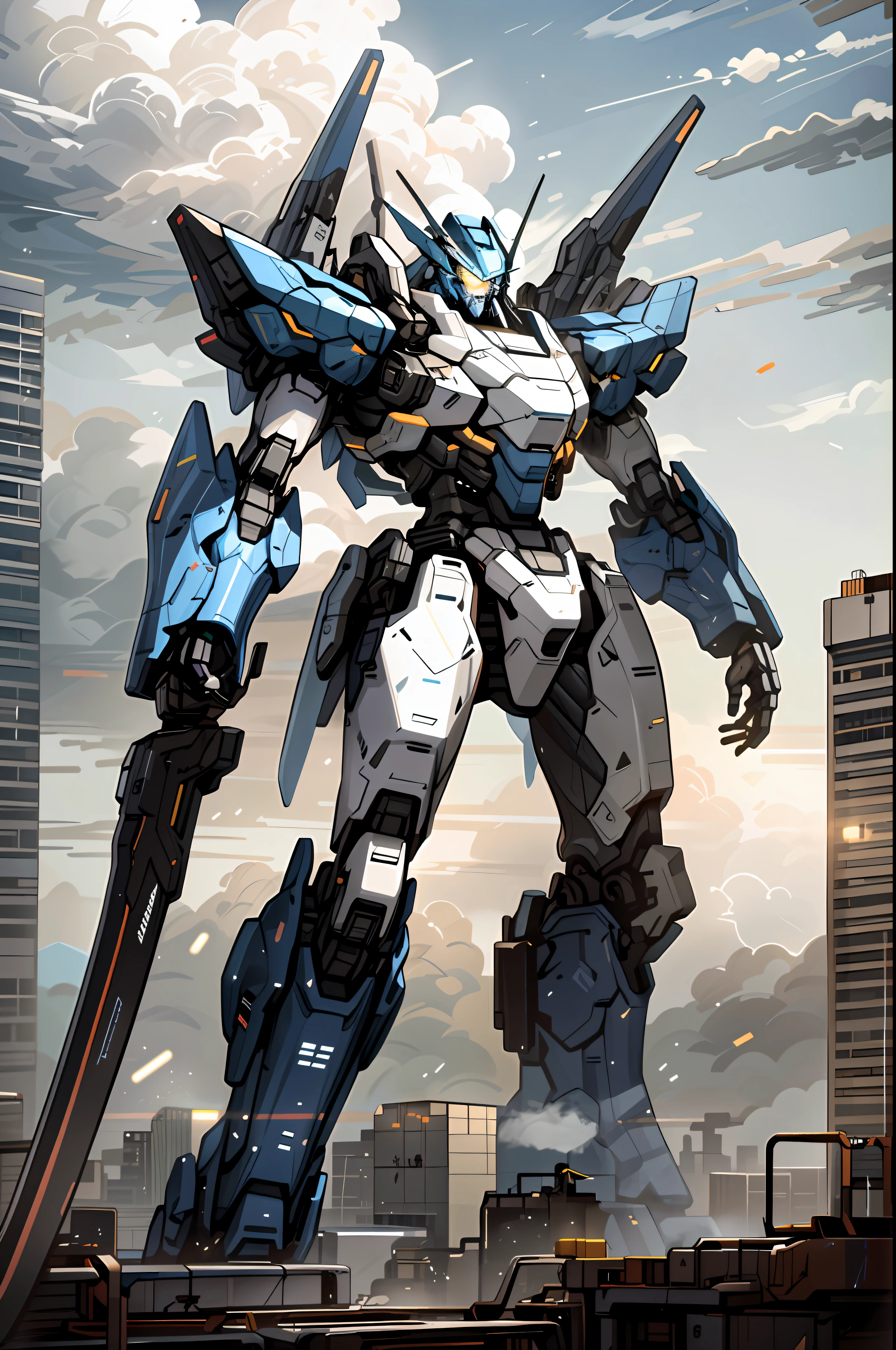 sky, cloud, holding_weapon, no_humans, glowing, , robot, building, glowing_eyes, mecha, science_fiction, city, realistic,mecha