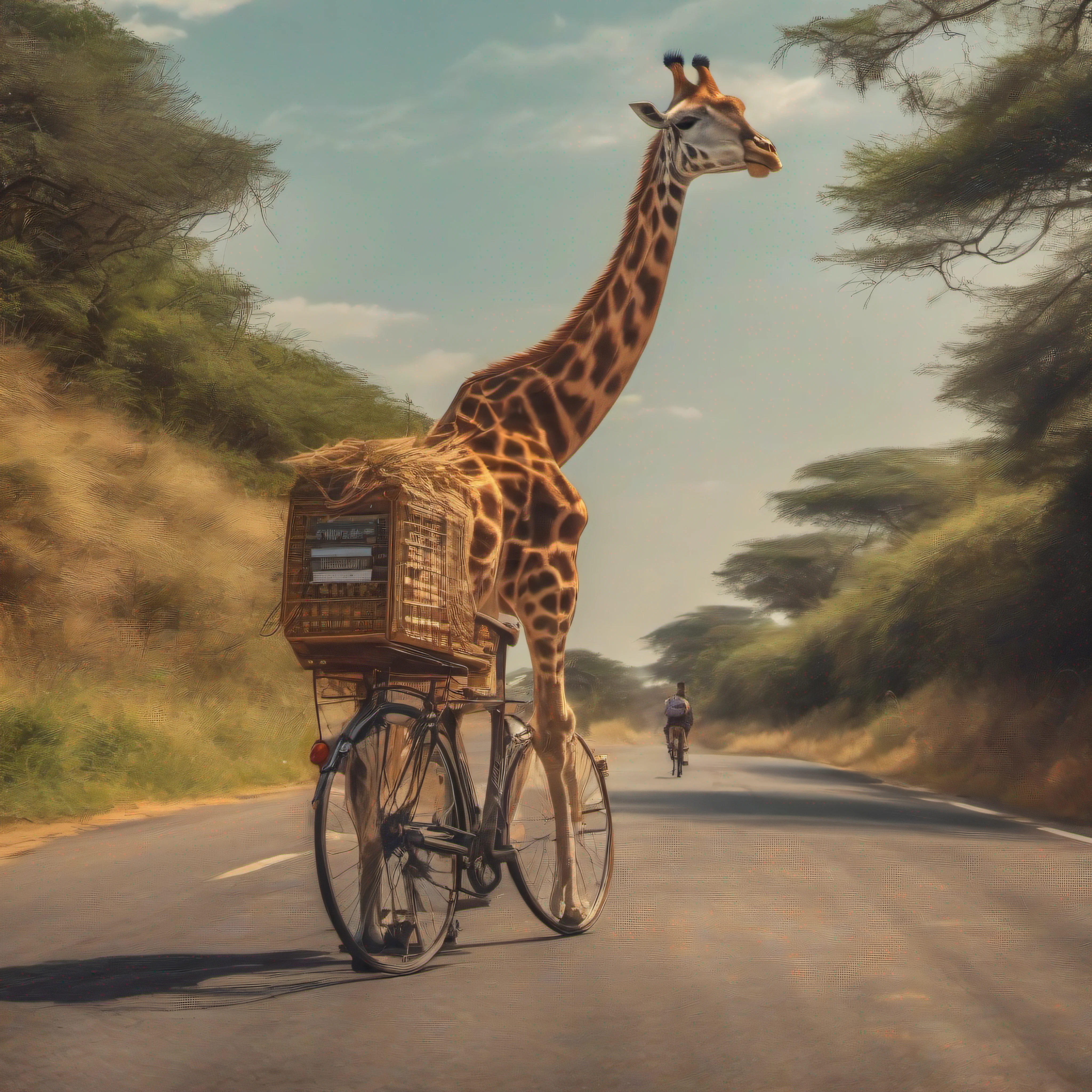 1girafa ciclista com capacete andando de bicicleta em uma estrada com placa escrito africa 500 miles, ,arte pastel, oil paint, color grading, White balance, Cores tonais, 4k, HDR, angelic, essence, Insanamente detalhado e intrincado, hipermaximalista, elegante, ornado, hiper anime, super detalhado,