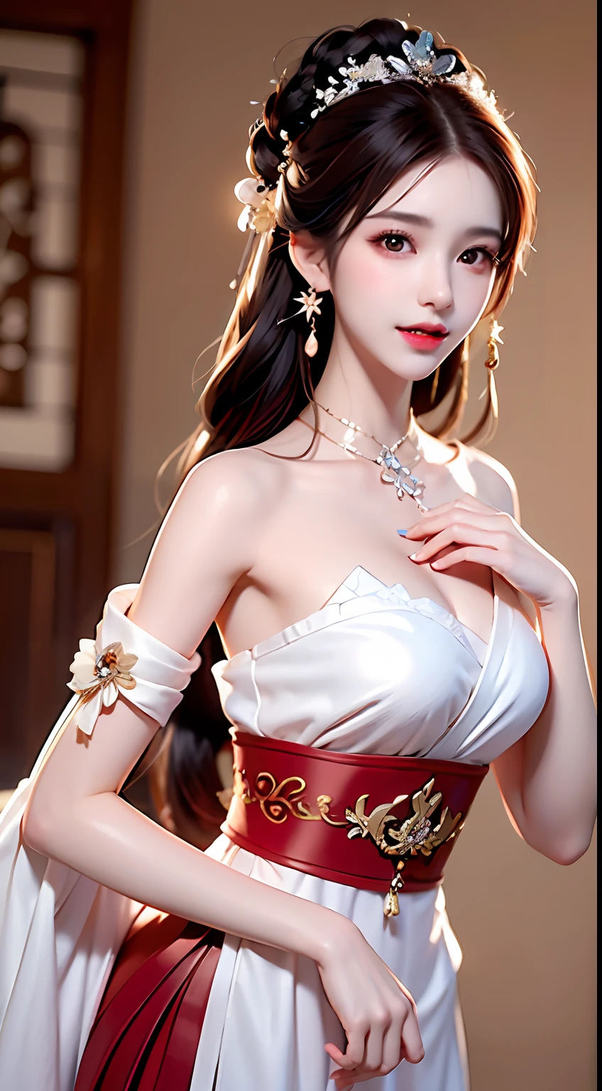 ****ung queen in a red lace blouse，dressing gown，Chinese style clothes，Ancient costumes with many phoenix motifs，Flawless white and pink face，Ornaments on the head，brunette color hair，Two braids waist-length，very beautiful and sharp brown eyes，Small red lips，Colored lips，Enchanted smile，Jewelry worn around the neck，耳Nipple Ring，White uniform teeth，tall nose bridge，big round breasts， slenderlegs，thin mesh black socks，sportrait，most realistic，HighestQuali，best pixels，8K Ultra，incantation(Prompt): A girl of about 22 years old，Perfectcomposition，Precise and perfect human anatomy，Golden ratio creation，Surreal and realistic。Detailed skin details，White skin of the，shiny skin，Creamy glowing skin，Skin that is white and red。Exquisite depiction of facial features，Perfect makeup，Detailed depiction of the face，Clean and flawless face。A sweet smile，Smile without showing your teeth。Extremely detailed depiction of hair，Long black hair，Hair coiled，tying  hair，High bun，The wind blew away the hair。Eyebrows upturned，long eyelasher，二重まぶた。Affectionate eyes，big bright eyes，Sweet with lying silkworms。tall nose bridge。Thin lips，Pink lip gloss，Straight teeth。Delicate collarbones。Delicate pendant，耳Nipple Ring。Perfect tall figure，with a well-proportioned body，Long legs and thin waist，Skinny beauty，