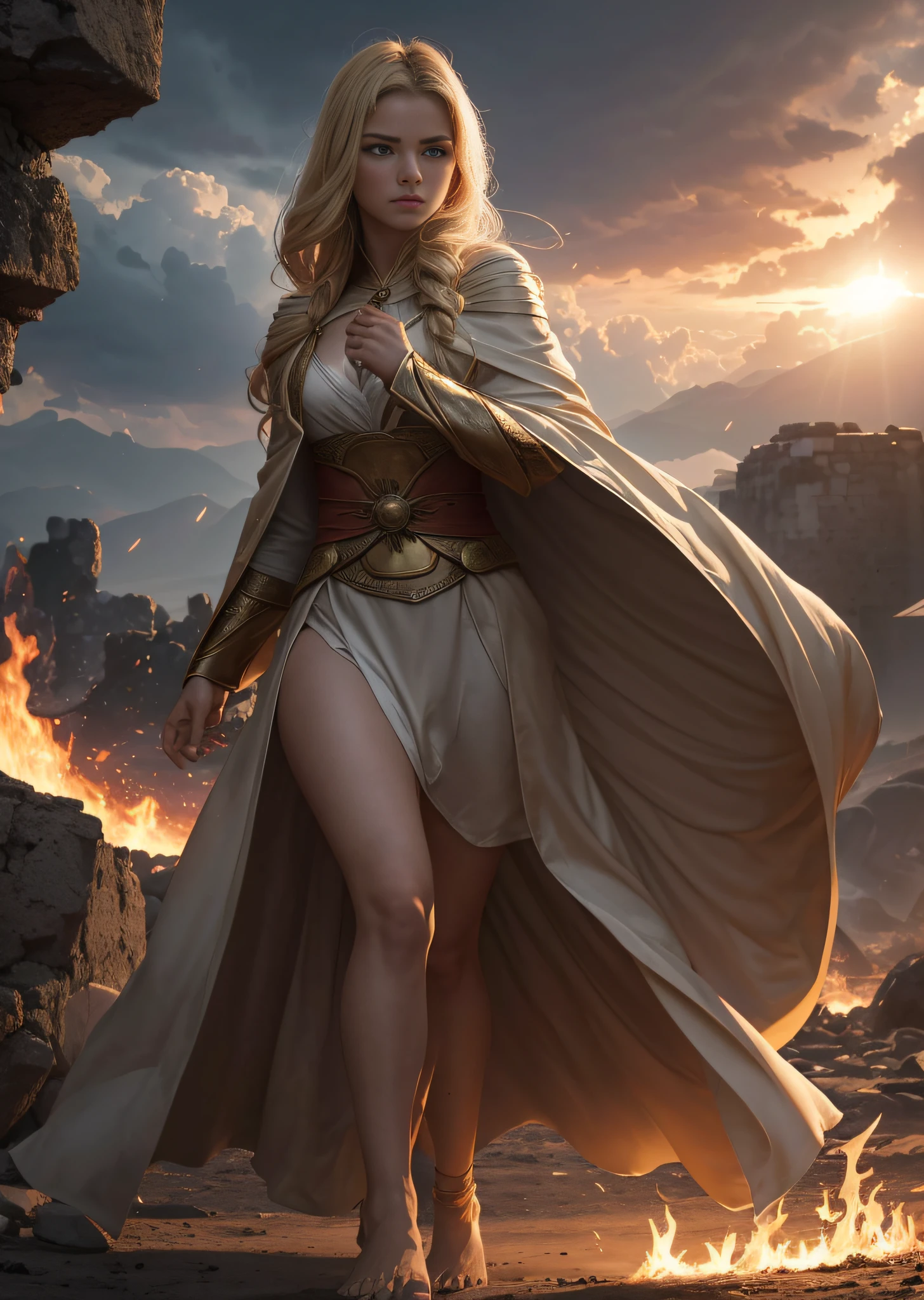 Summoner barefoot female levitating with blonde hair, robes and arms of cloak raised on a broken earth, luz de lava brilhante de baixo do campo de asteroides (rochas irregulares, pedregulhos e detritos disparando para o ar:1.3) (tempestade de detritos de poeira ventosa:1.1) Volumetric mist mist ray tracing z pass bright light from below, (obra-prima) (melhor qualidade) (detalhado) (8k) (cinematic lighthing) (foco nítido) (intrincado). roto perfeito, traje detalhado do Homem-Aranha, seios grandes, super hero pose, Standing in the ruined city at sunset, hiperdetalhado, smoke billowing, Sparks, raios solares, (8k), realista, symmetr, premiado, cinematographic lightning, encharcado, filme, 75mm, Scratches, foto de corpo inteiro, close-up, roupas rasgadas e sujas, rosto detalhado, --auto