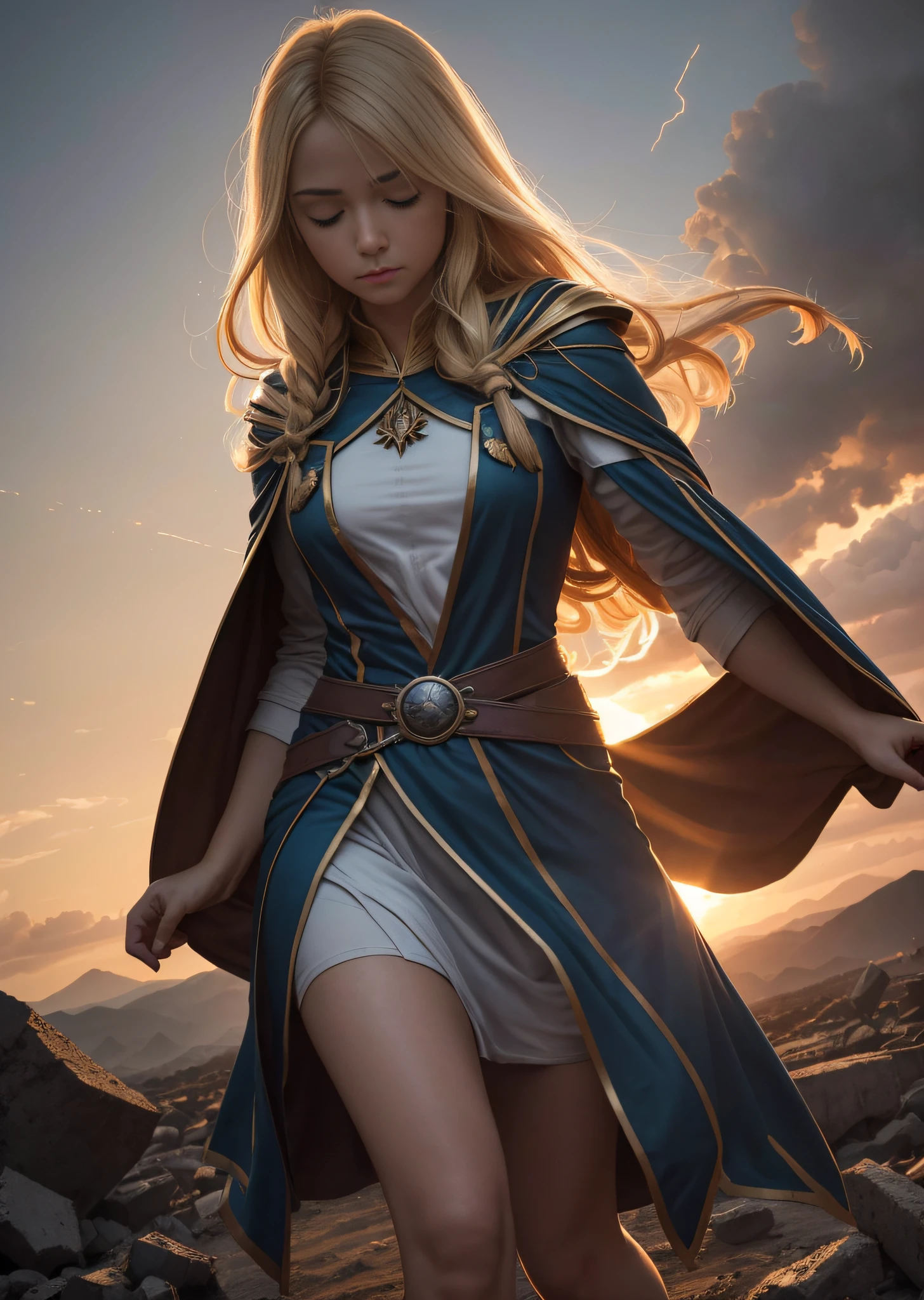 Summoner barefoot female levitating with blonde hair, robes and arms of cloak raised on a broken earth, luz de lava brilhante de baixo do campo de asteroides (rochas irregulares, pedregulhos e detritos disparando para o ar:1.3) (tempestade de detritos de poeira ventosa:1.1) Volumetric mist mist ray tracing z pass bright light from below, (obra-prima) (melhor qualidade) (detalhado) (8k) (cinematic lighthing) (foco nítido) (intrincado). roto perfeito, traje detalhado do Homem-Aranha, seios grandes, super hero pose, Standing in the ruined city at sunset, hiperdetalhado, smoke billowing, Sparks, raios solares, (8k), realista, symmetr, premiado, cinematographic lightning, encharcado, filme, 75mm, Scratches, foto de corpo inteiro, close-up, roupas rasgadas e sujas, rosto detalhado, --auto