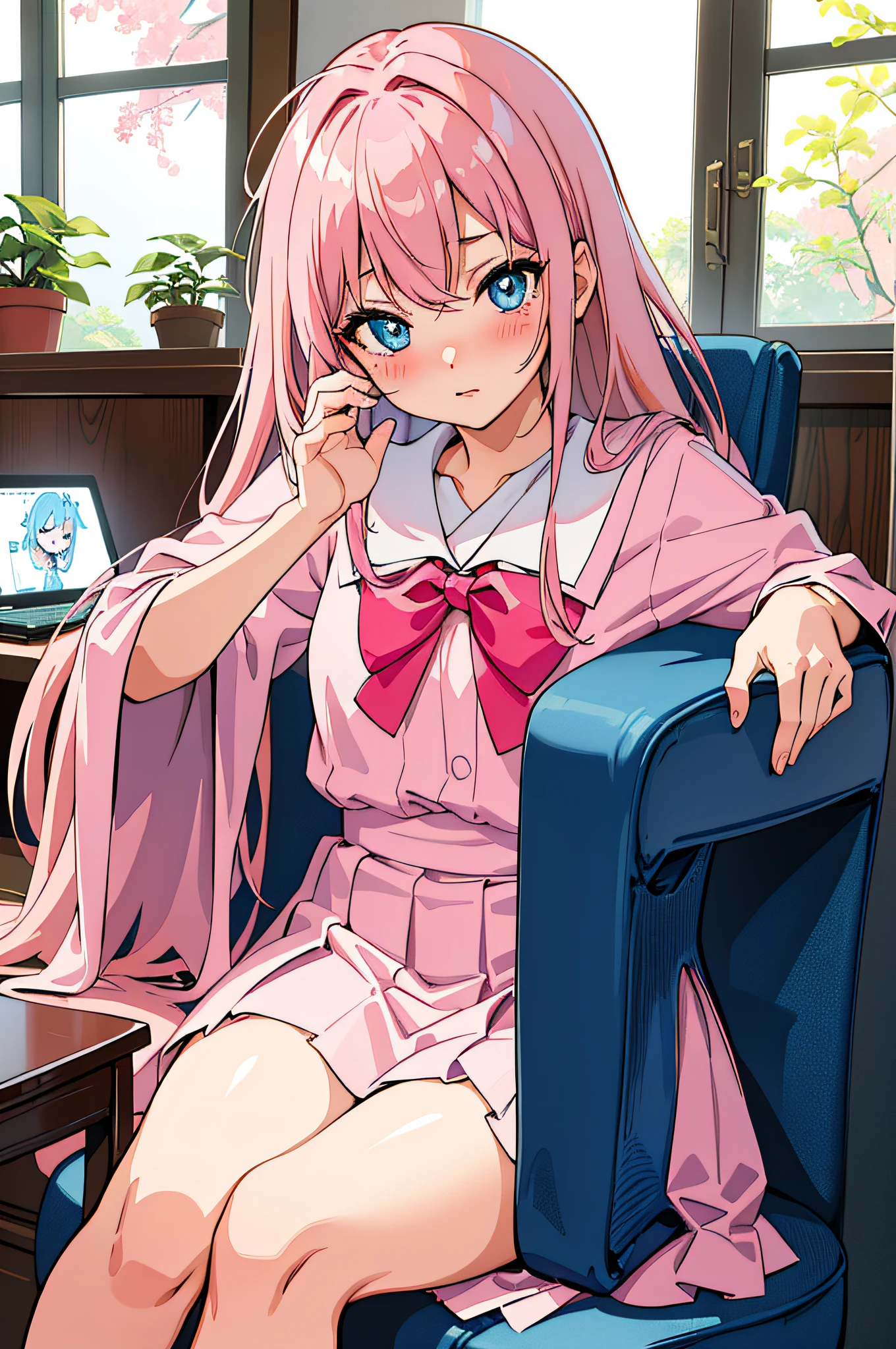 ​masterpiece、hightquality、top-quality、Beautiful fece、hard disk、Perfect litthing、A detailed face、Detailed body、Female 1 Person、独奏、(A pink-haired)、blue eyess、((校服))、(sitting on)The table)、sexy  pose、Sexy face、(red blush)、