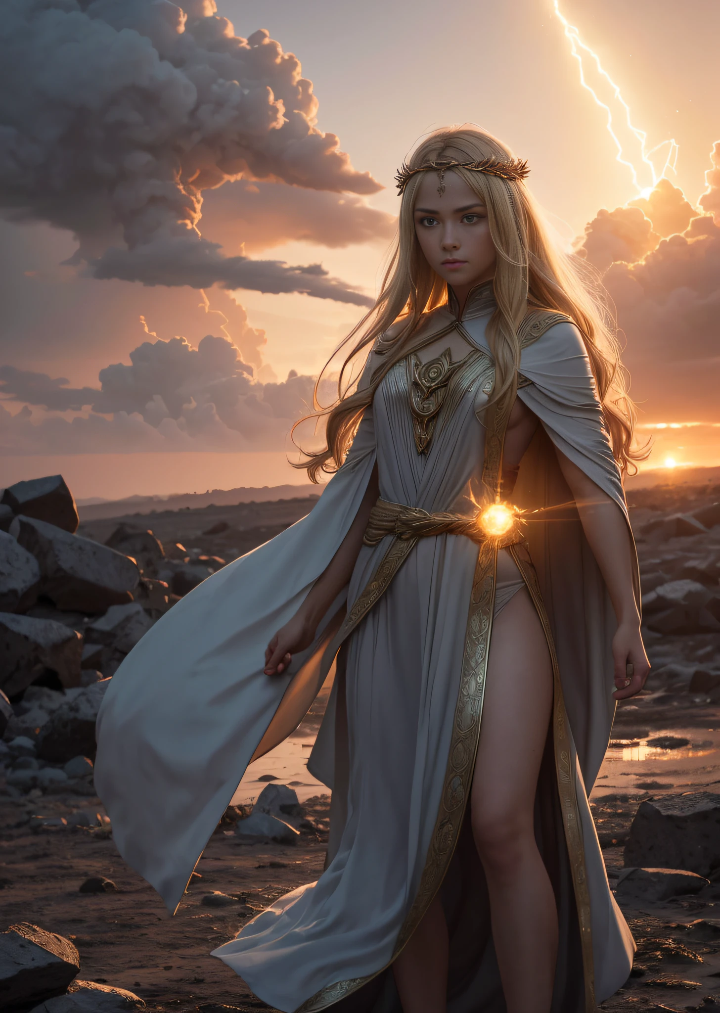 Summoner barefoot female levitating with blonde hair, robes and arms of cloak raised on a broken earth, luz de lava brilhante de baixo do campo de asteroides (rochas irregulares, pedregulhos e detritos disparando para o ar:1.3) (tempestade de detritos de poeira ventosa:1.1) Volumetric mist mist ray tracing z pass bright light from below, (obra-prima) (melhor qualidade) (detalhado) (8k) (cinematic lighthing) (foco nítido) (intrincado). roto perfeito, traje detalhado do Homem-Aranha, seios grandes, super hero pose, Standing in the ruined city at sunset, hiperdetalhado, smoke billowing, Sparks, raios solares, (8k), realista, symmetr, premiado, cinematographic lightning, encharcado, filme, 75mm, Scratches, foto de corpo inteiro, close-up, roupas rasgadas e sujas, rosto detalhado, --auto