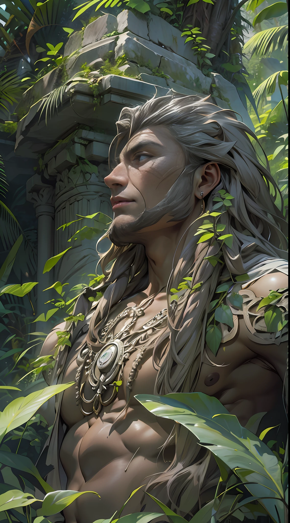 Sculpted warrior, exposed upper torso, legs bared from thighs to feet, flowing long curls, intricate muscular details, photorealistic depiction, 4K resolution. Background: Ancient temple ruins in a lush jungle,32k uhd, best quality, masterpiece, super detail, high details