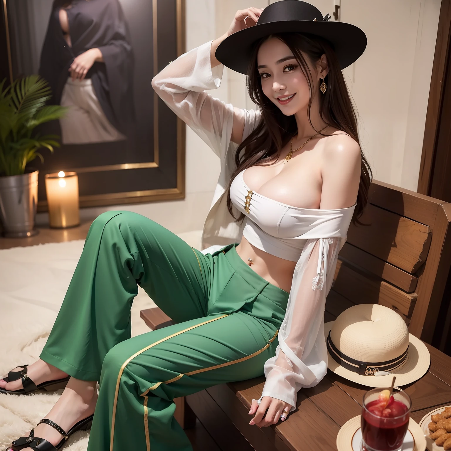 Top image quality、hight resolution、A detailed face、Beautiful Women in Perfect Style、affectionate smile、Flared pants、Gaucho Pants、Wide pants、big breasts thin waist、slim legs