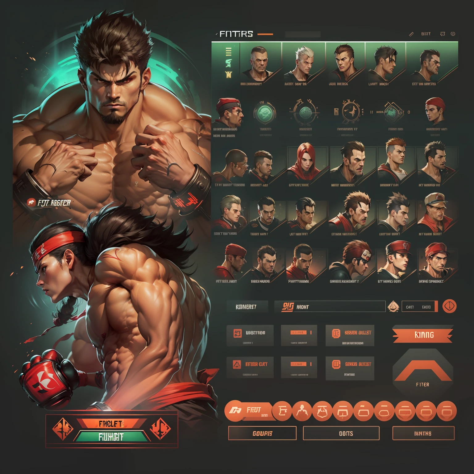 Fighter Select Menu, jogo de luta, Estilo, Layout, title, options, HUD, UI, Street Fighter, King of Fighters, Tekken, fighting game UI, portraits, icons.