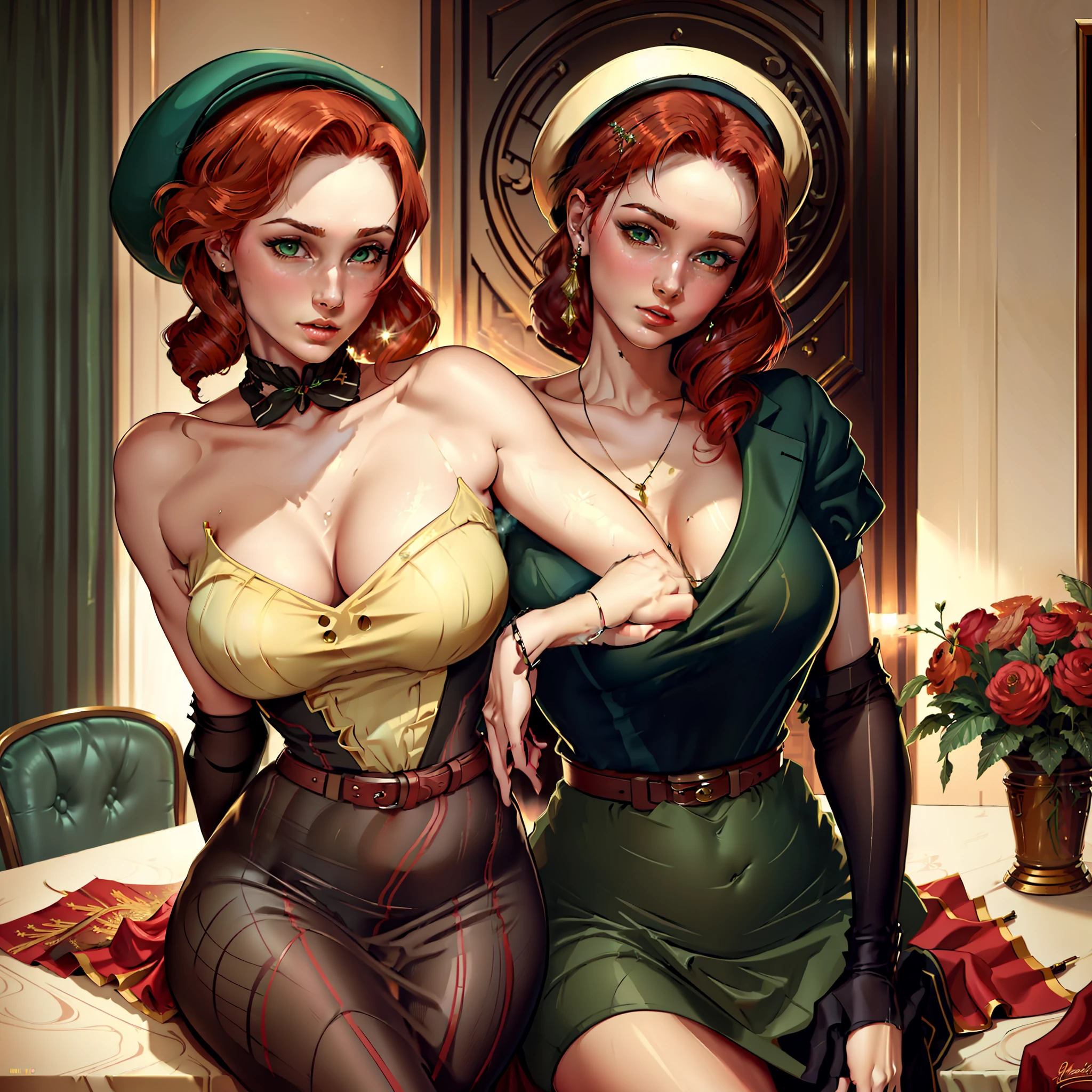 (masterpiece, top quality, best quality, official art, beautiful and aesthetic:1.2), beautiful woman in a hat with red hair sitting at a table with a drink, 1 9 4 0 s old hollywood, vintage, dressed like in the 1940s, realistic, vintage movie shot, film style, in her early 20s, sexy girl, sexy pose, red hair, beautiful green eyes, and a perfect body, 8 k hd detailed oil painting, stunning woman