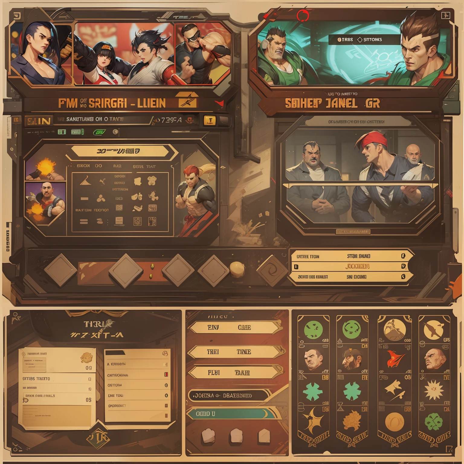 Menu Principal, jogo de luta, Estilo, Layout, title, options, HUD, UI, Street Fighter, King of Fighters, Tekken, fighting game UI, life bars, icons.
