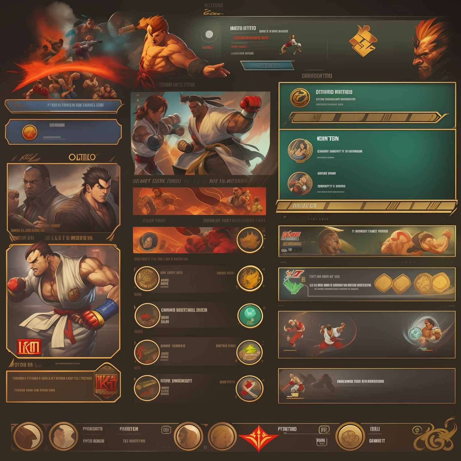 Menu Principal, jogo de luta, Estilo, Layout, title, options, HUD, UI, Street Fighter, King of Fighters, Tekken, fighting game UI, life bars, icons.